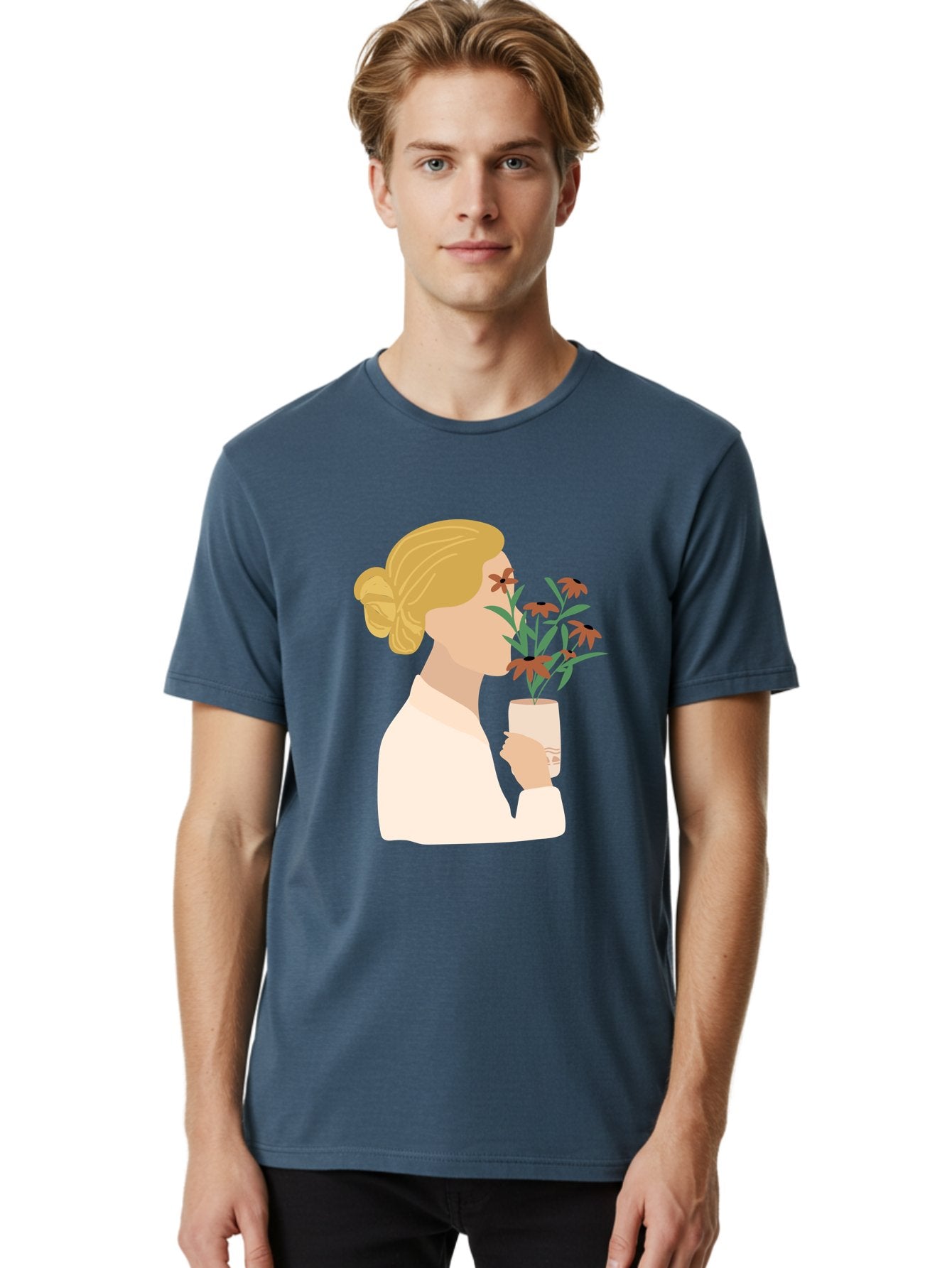 Woman-Smelling-Flowers Men'S Graphic Tee, 100% Cotton, Comfortable Casual Summer Wear, Machine Washable, Woman Smelling Flowers, Blossoming Blooms, Floral Beauty, Serene Atmosphere, Elegant Woman, Delicate Flowers, Calm Ambiance, Gentle Moment Aae069 24