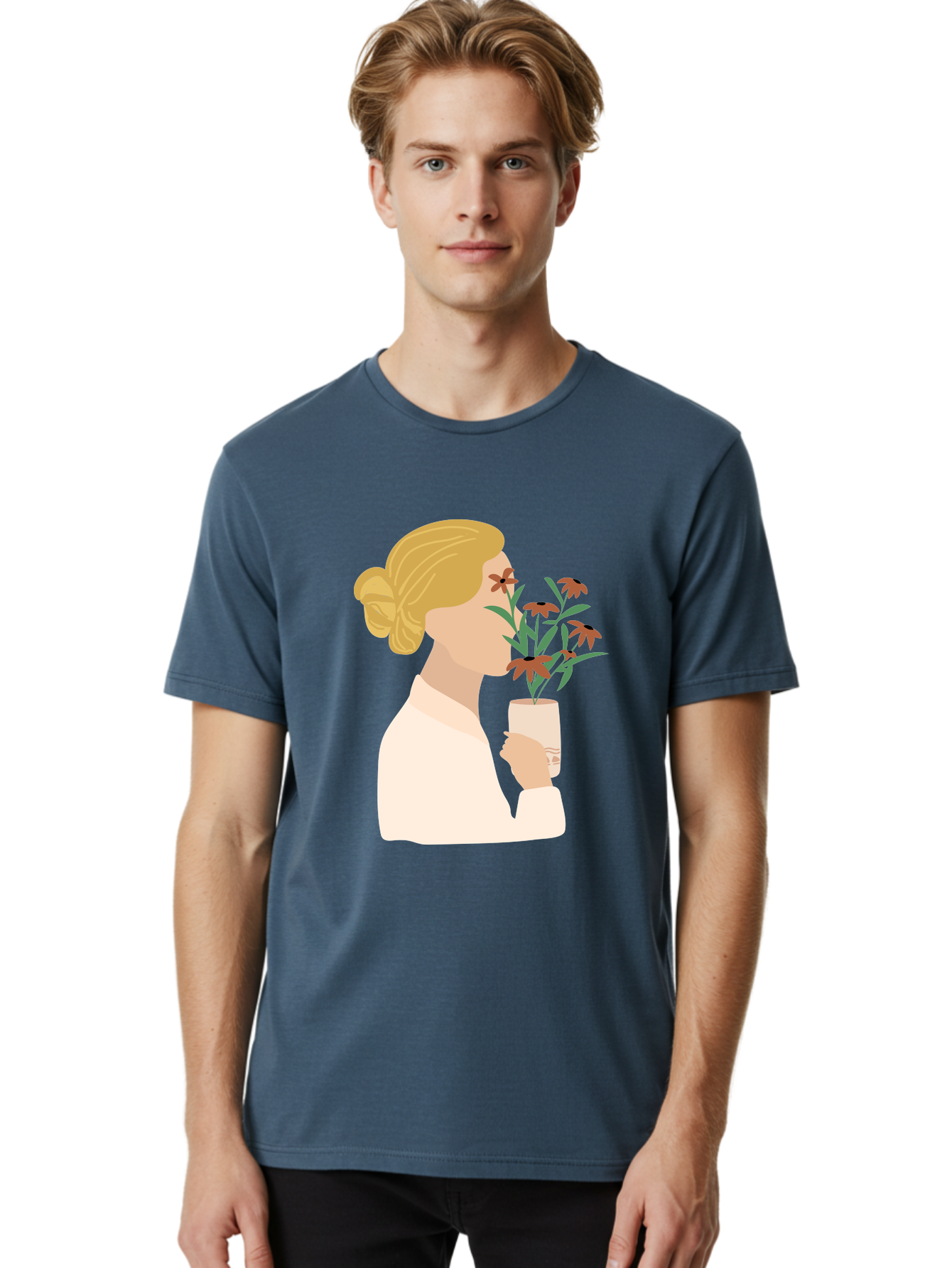Woman-Smelling-Flowers Men'S Graphic Tee, 100% Cotton, Comfortable Casual Summer Wear, Machine Washable, Woman Smelling Flowers, Blossoming Blooms, Floral Beauty, Serene Atmosphere, Elegant Woman, Delicate Flowers, Calm Ambiance, Gentle Moment Aae069 14