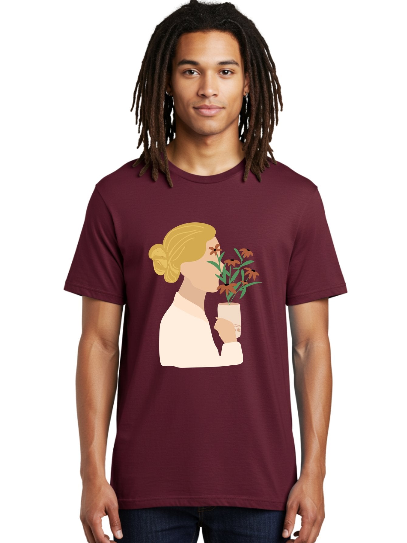Woman-Smelling-Flowers Men'S Graphic Tee, 100% Cotton, Comfortable Casual Summer Wear, Machine Washable, Woman Smelling Flowers, Blossoming Blooms, Floral Beauty, Serene Atmosphere, Elegant Woman, Delicate Flowers, Calm Ambiance, Gentle Moment Aae069 16