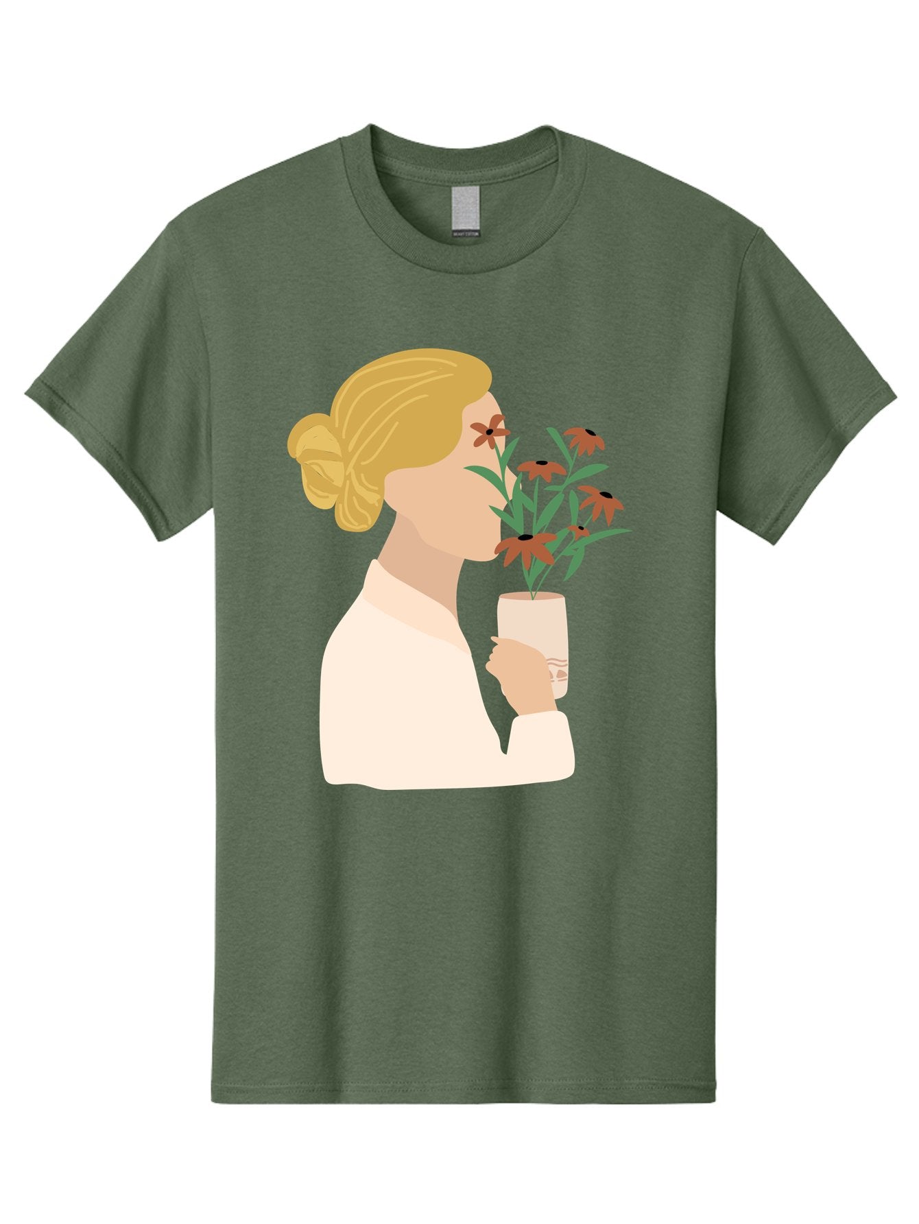 Woman-Smelling-Flowers Men'S Graphic Tee, 100% Cotton, Comfortable Casual Summer Wear, Machine Washable, Woman Smelling Flowers, Blossoming Blooms, Floral Beauty, Serene Atmosphere, Elegant Woman, Delicate Flowers, Calm Ambiance, Gentle Moment Aae069 3