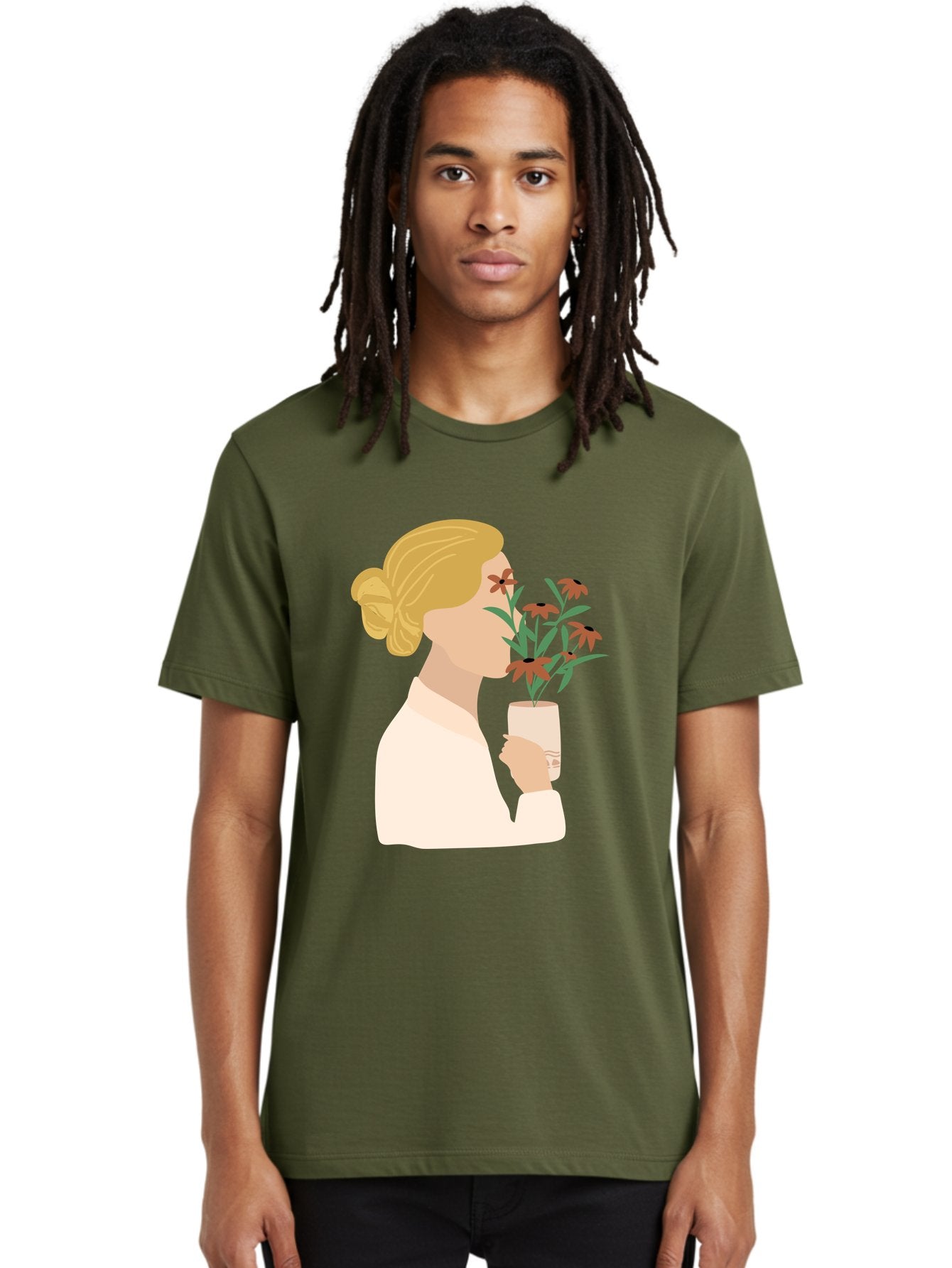 Woman-Smelling-Flowers Men'S Graphic Tee, 100% Cotton, Comfortable Casual Summer Wear, Machine Washable, Woman Smelling Flowers, Blossoming Blooms, Floral Beauty, Serene Atmosphere, Elegant Woman, Delicate Flowers, Calm Ambiance, Gentle Moment Aae069 22