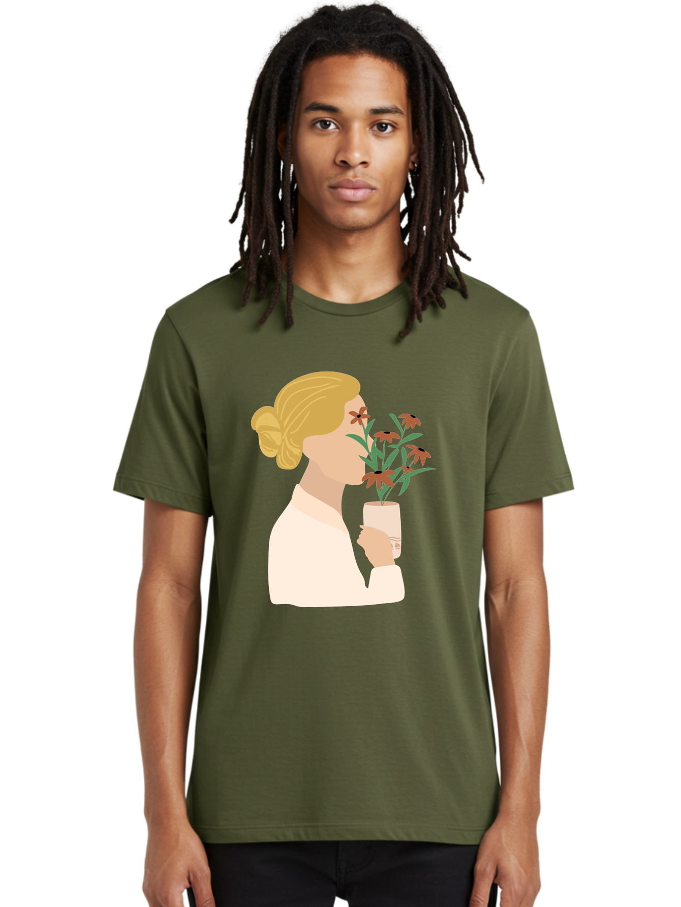Woman-Smelling-Flowers Men'S Graphic Tee, 100% Cotton, Comfortable Casual Summer Wear, Machine Washable, Woman Smelling Flowers, Blossoming Blooms, Floral Beauty, Serene Atmosphere, Elegant Woman, Delicate Flowers, Calm Ambiance, Gentle Moment Aae069 18