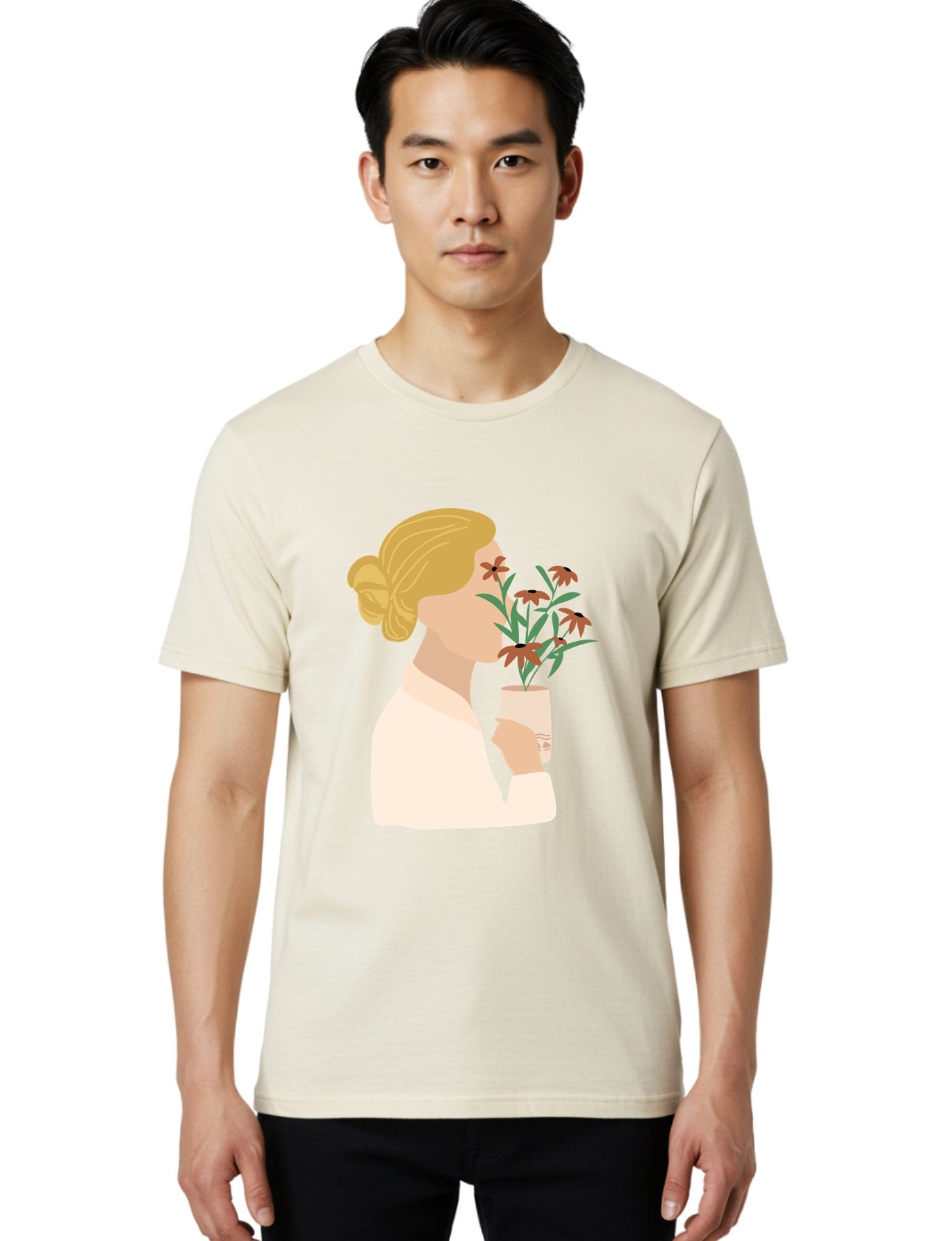 Woman-Smelling-Flowers Men'S Graphic Tee, 100% Cotton, Comfortable Casual Summer Wear, Machine Washable, Woman Smelling Flowers, Blossoming Blooms, Floral Beauty, Serene Atmosphere, Elegant Woman, Delicate Flowers, Calm Ambiance, Gentle Moment Aae069 17