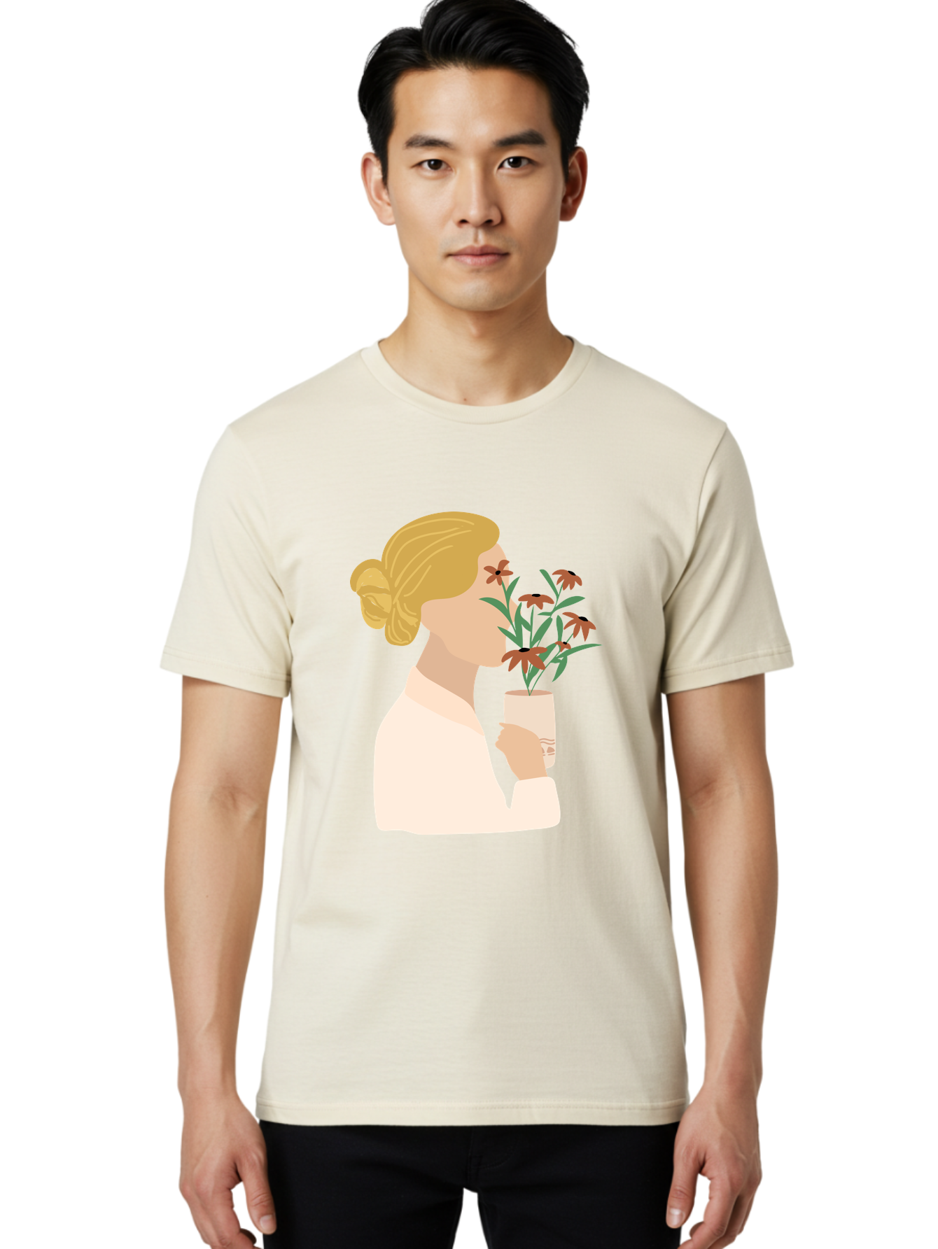 Woman-Smelling-Flowers Men'S Graphic Tee, 100% Cotton, Comfortable Casual Summer Wear, Machine Washable, Woman Smelling Flowers, Blossoming Blooms, Floral Beauty, Serene Atmosphere, Elegant Woman, Delicate Flowers, Calm Ambiance, Gentle Moment Aae069 28