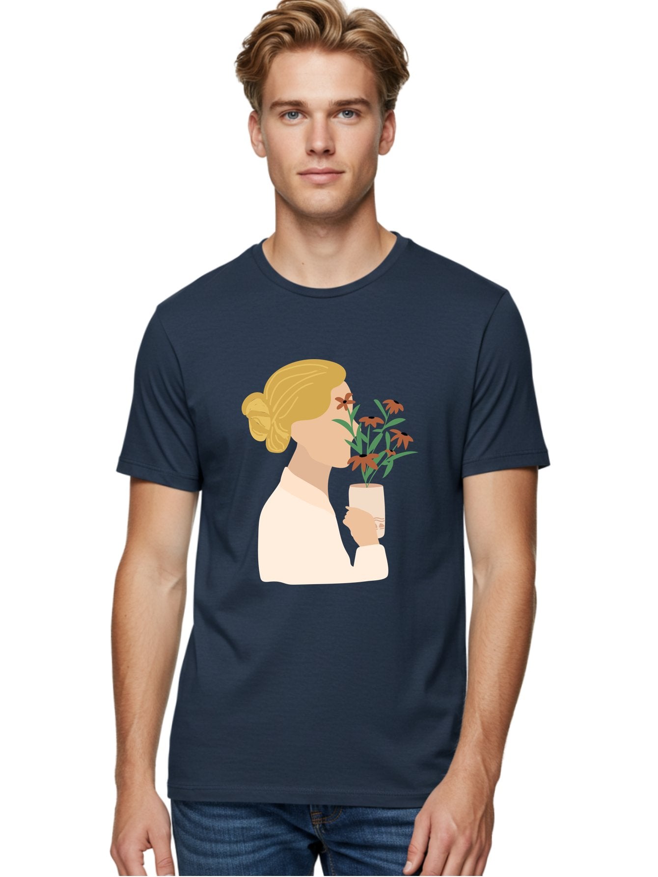 Woman-Smelling-Flowers Men'S Graphic Tee, 100% Cotton, Comfortable Casual Summer Wear, Machine Washable, Woman Smelling Flowers, Blossoming Blooms, Floral Beauty, Serene Atmosphere, Elegant Woman, Delicate Flowers, Calm Ambiance, Gentle Moment Aae069 26