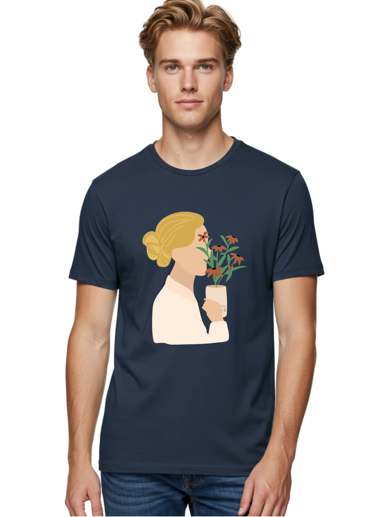 Woman-Smelling-Flowers Men'S Graphic Tee, 100% Cotton, Comfortable Casual Summer Wear, Machine Washable, Woman Smelling Flowers, Blossoming Blooms, Floral Beauty, Serene Atmosphere, Elegant Woman, Delicate Flowers, Calm Ambiance, Gentle Moment Aae069 10