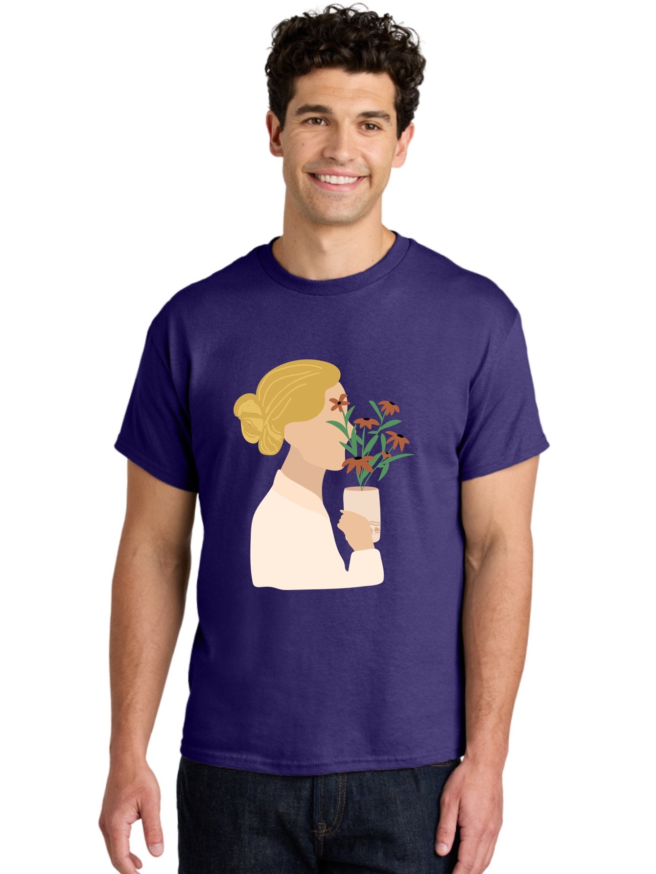 Woman-Smelling-Flowers Men'S Graphic Tee, 100% Cotton, Comfortable Casual Summer Wear, Machine Washable, Woman Smelling Flowers, Blossoming Blooms, Floral Beauty, Serene Atmosphere, Elegant Woman, Delicate Flowers, Calm Ambiance, Gentle Moment Aae069 23