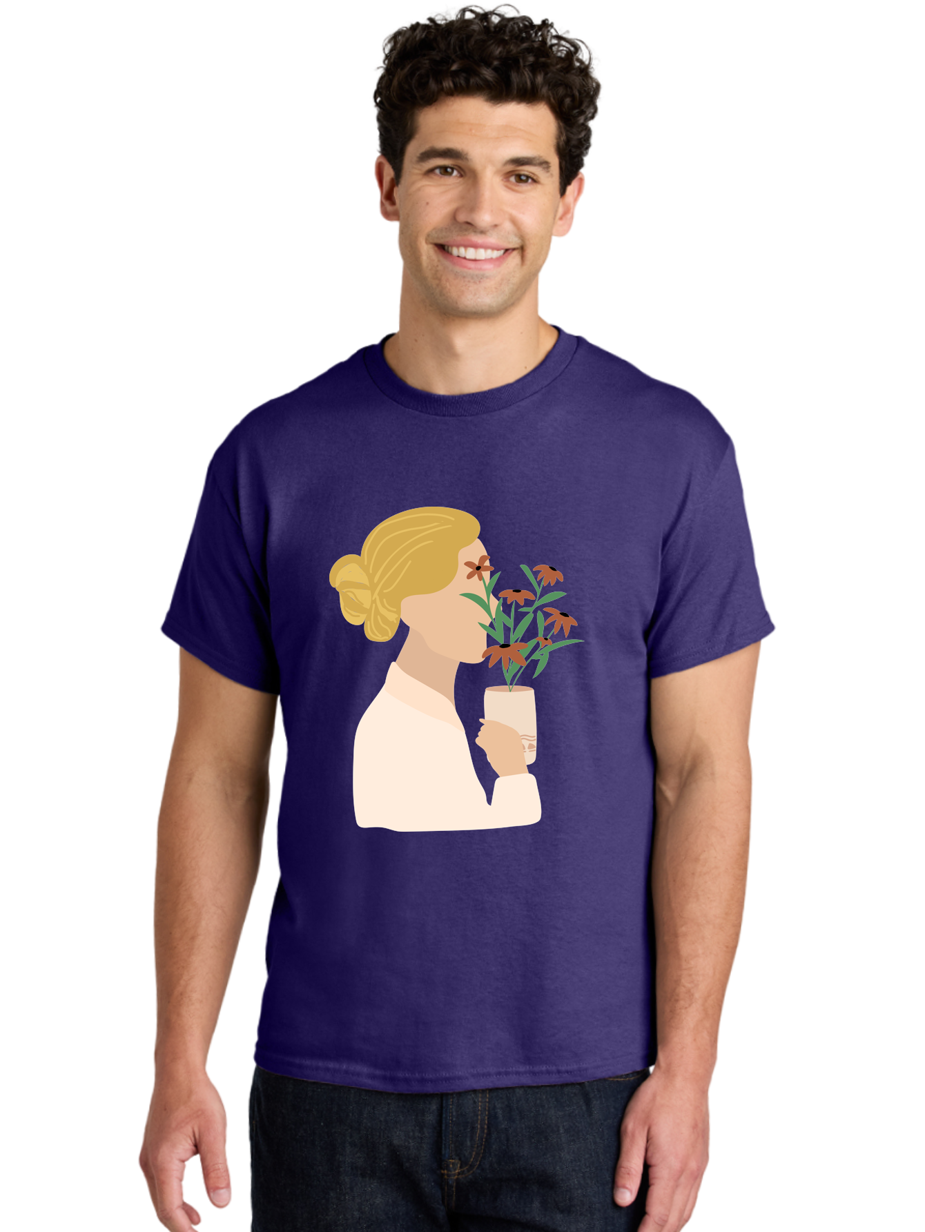 Woman-Smelling-Flowers Men'S Graphic Tee, 100% Cotton, Comfortable Casual Summer Wear, Machine Washable, Woman Smelling Flowers, Blossoming Blooms, Floral Beauty, Serene Atmosphere, Elegant Woman, Delicate Flowers, Calm Ambiance, Gentle Moment Aae069 16