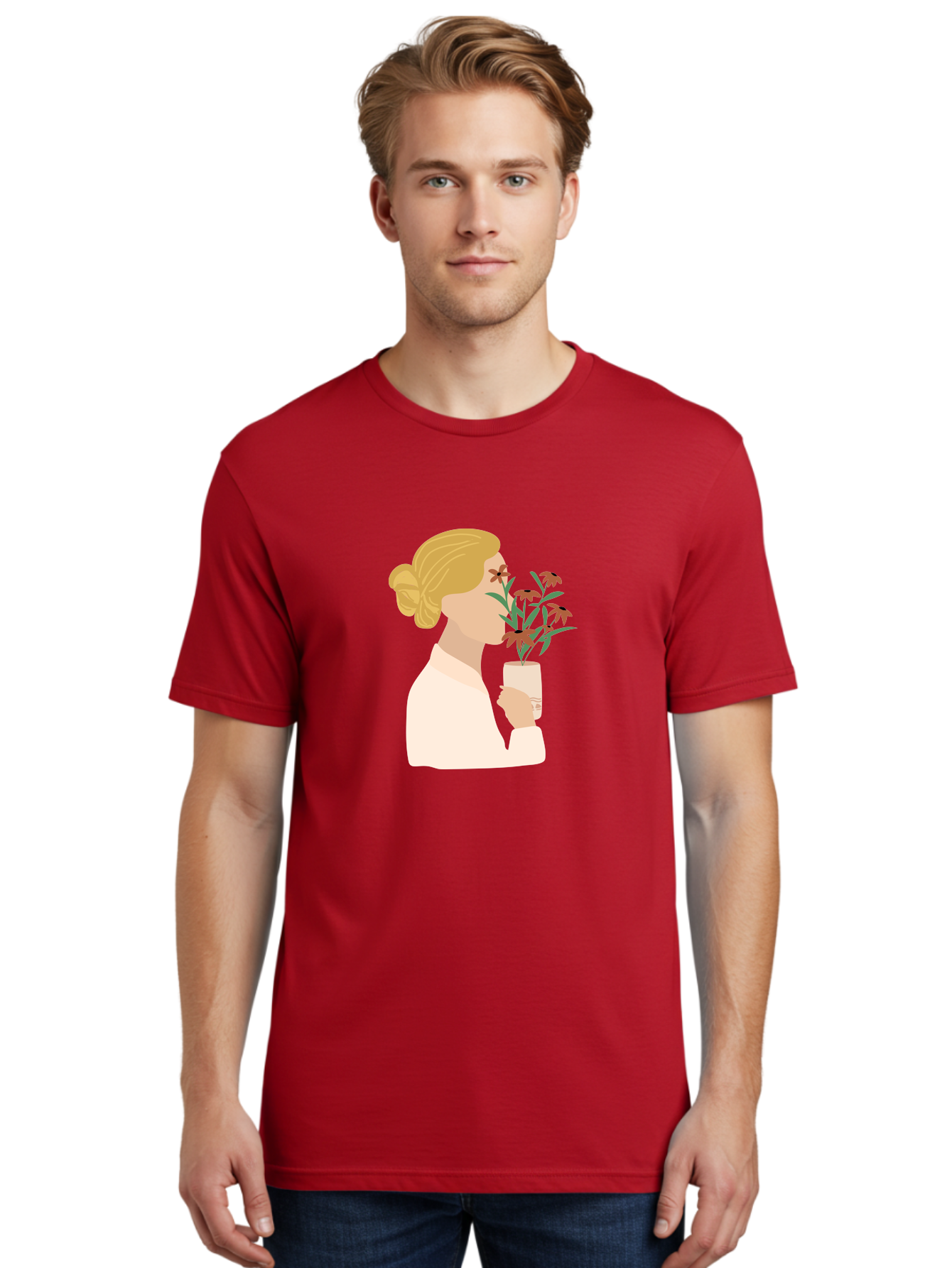 Woman-Smelling-Flowers Men'S Graphic Tee, 100% Cotton, Comfortable Casual Summer Wear, Machine Washable, Woman Smelling Flowers, Blossoming Blooms, Floral Beauty, Serene Atmosphere, Elegant Woman, Delicate Flowers, Calm Ambiance, Gentle Moment Aae069 4