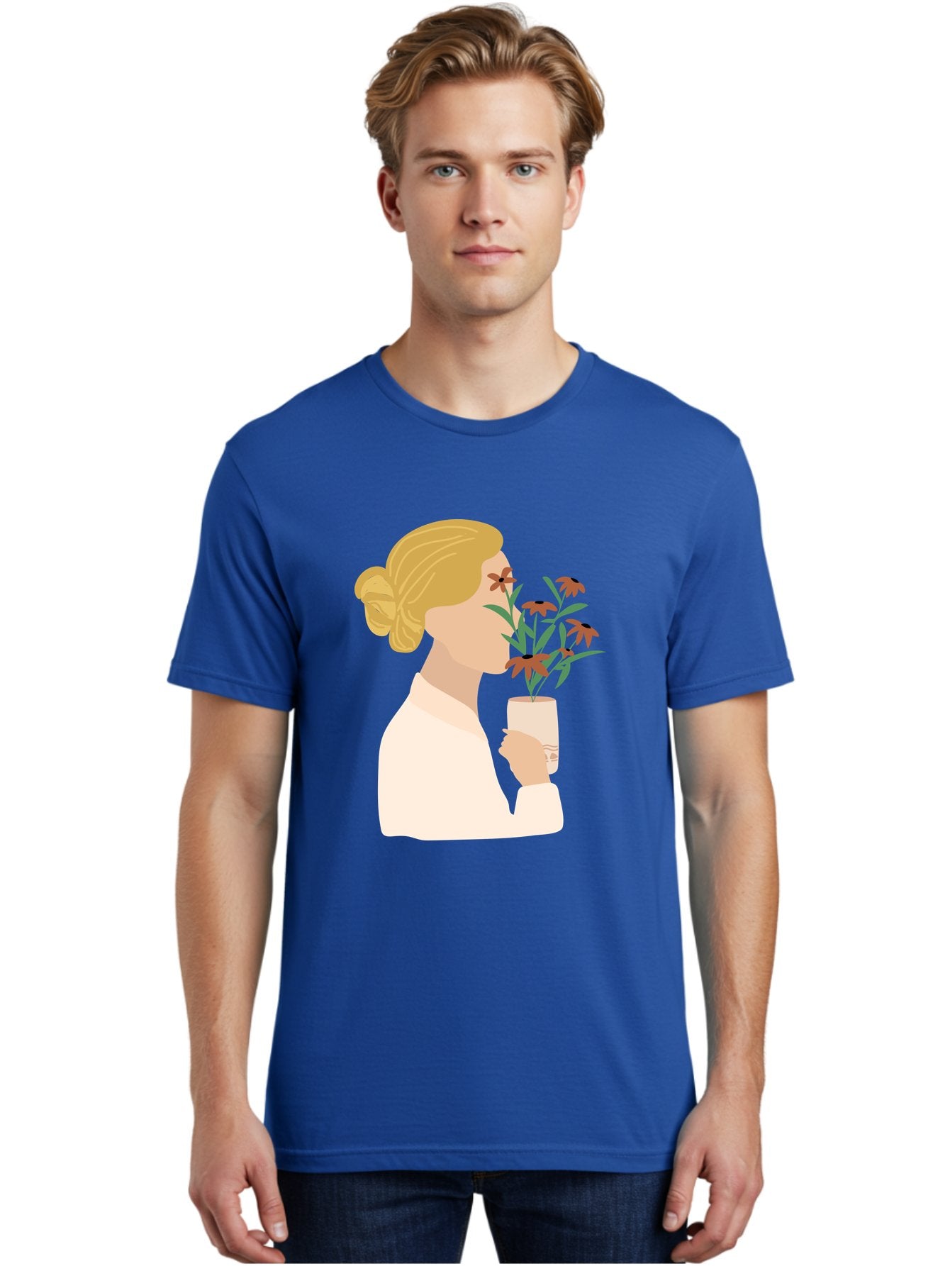 Woman-Smelling-Flowers Men'S Graphic Tee, 100% Cotton, Comfortable Casual Summer Wear, Machine Washable, Woman Smelling Flowers, Blossoming Blooms, Floral Beauty, Serene Atmosphere, Elegant Woman, Delicate Flowers, Calm Ambiance, Gentle Moment Aae069 18