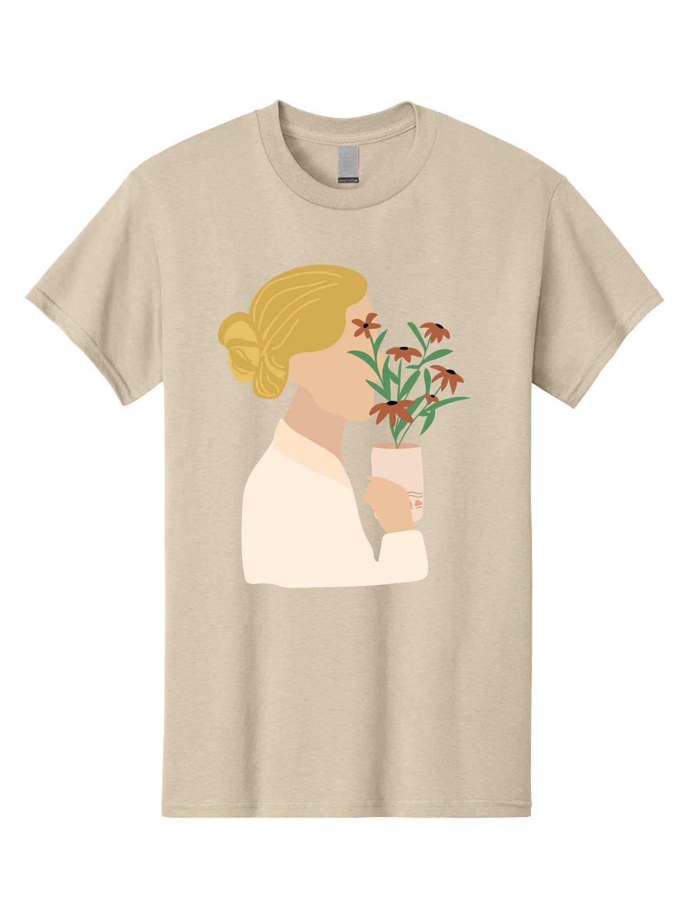 Woman-Smelling-Flowers Men'S Graphic Tee, 100% Cotton, Comfortable Casual Summer Wear, Machine Washable, Woman Smelling Flowers, Blossoming Blooms, Floral Beauty, Serene Atmosphere, Elegant Woman, Delicate Flowers, Calm Ambiance, Gentle Moment Aae069