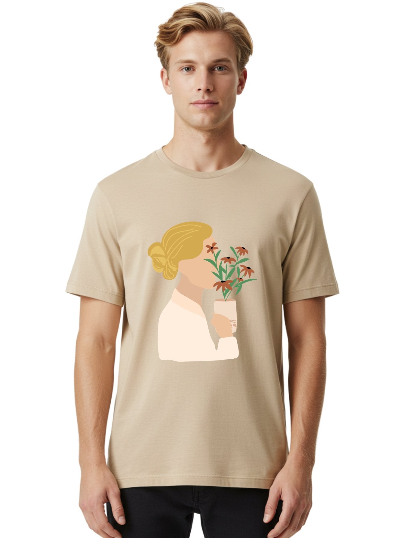 Woman-Smelling-Flowers Men'S Graphic Tee, 100% Cotton, Comfortable Casual Summer Wear, Machine Washable, Woman Smelling Flowers, Blossoming Blooms, Floral Beauty, Serene Atmosphere, Elegant Woman, Delicate Flowers, Calm Ambiance, Gentle Moment Aae069 19