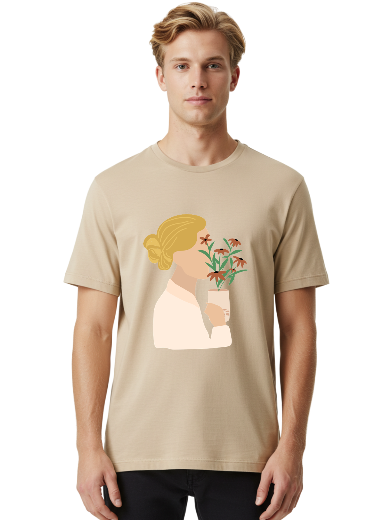 Woman-Smelling-Flowers Men'S Graphic Tee, 100% Cotton, Comfortable Casual Summer Wear, Machine Washable, Woman Smelling Flowers, Blossoming Blooms, Floral Beauty, Serene Atmosphere, Elegant Woman, Delicate Flowers, Calm Ambiance, Gentle Moment Aae069 22