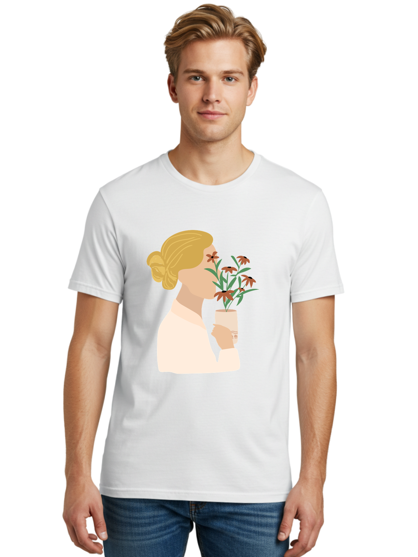 Woman-Smelling-Flowers Men'S Graphic Tee, 100% Cotton, Comfortable Casual Summer Wear, Machine Washable, Woman Smelling Flowers, Blossoming Blooms, Floral Beauty, Serene Atmosphere, Elegant Woman, Delicate Flowers, Calm Ambiance, Gentle Moment Aae069 30