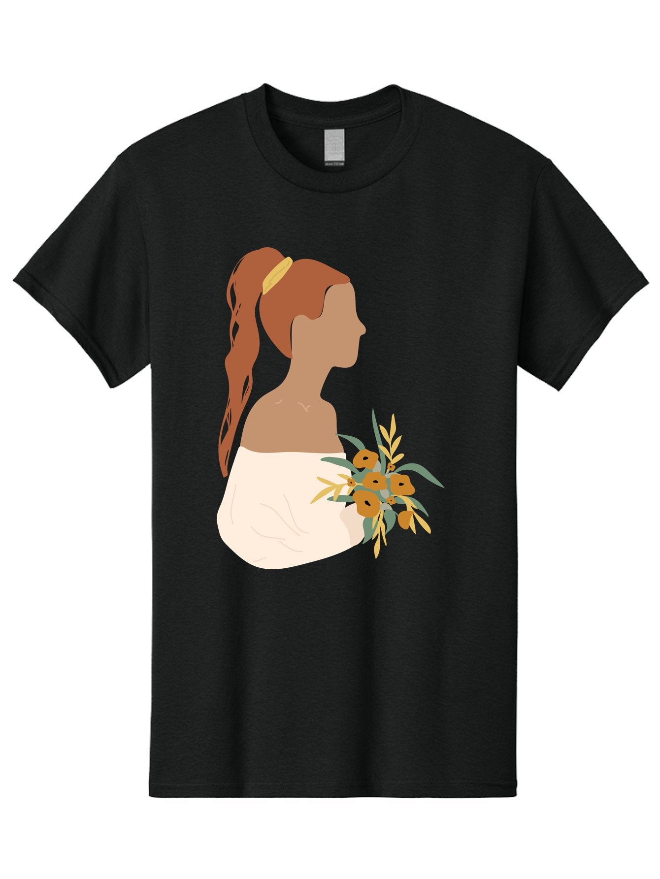 Woman-With-Bouquet Men'S Graphic Tee, 100% Cotton, Comfortable Casual Summer Wear, Machine Washable, Woman In White Dress, Bouquet Of Flowers, Brown Hair, Off-The-Shoulder Neckline, Elegant Hairstyle, Golden Hairband, Yellow Flowers, Aae070 10