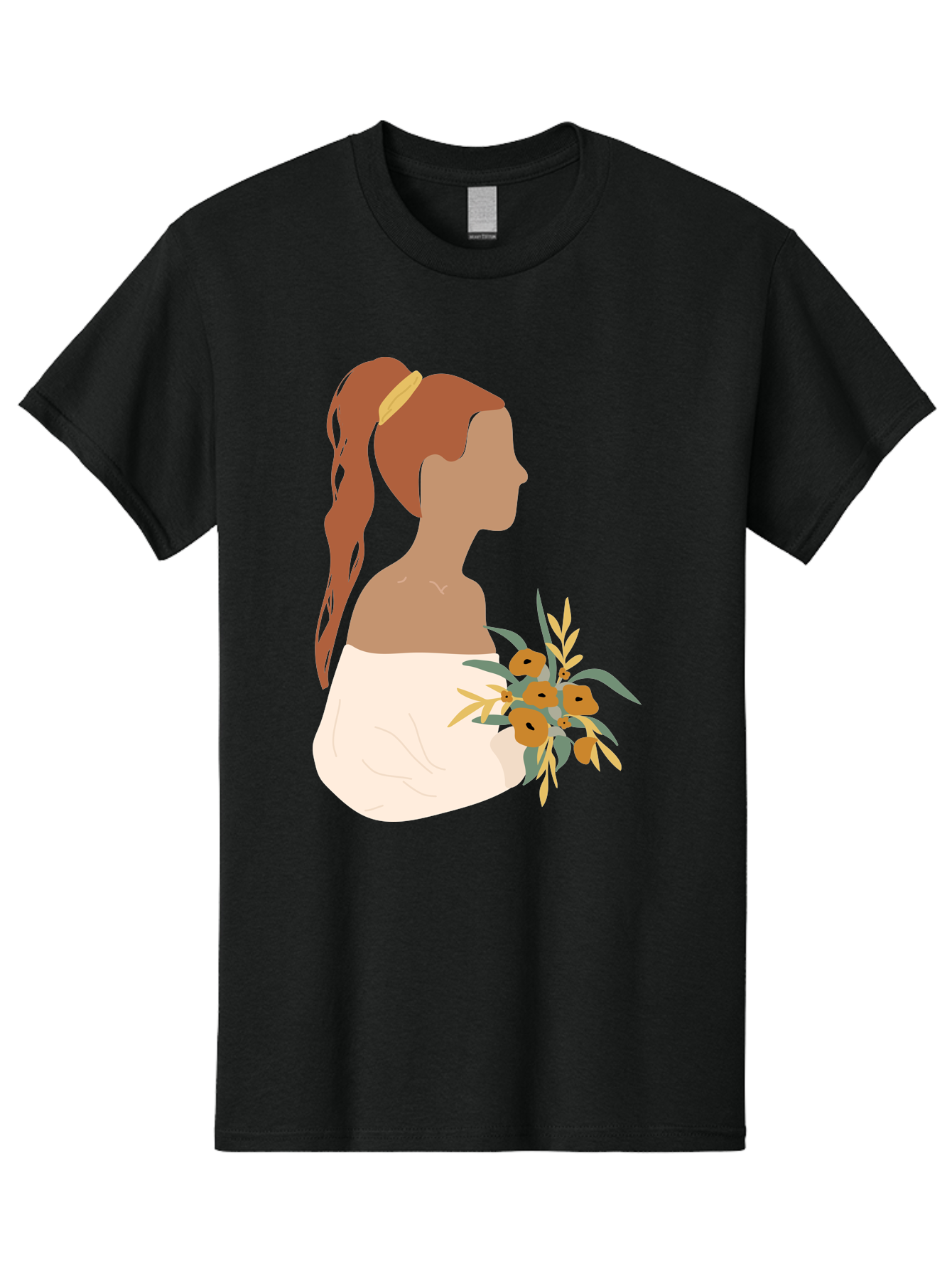 Woman-With-Bouquet Men'S Graphic Tee, 100% Cotton, Comfortable Casual Summer Wear, Machine Washable, Woman In White Dress, Bouquet Of Flowers, Brown Hair, Off-The-Shoulder Neckline, Elegant Hairstyle, Golden Hairband, Yellow Flowers, Aae070 27