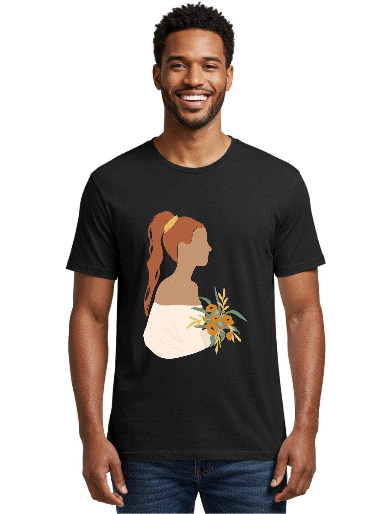 Woman-With-Bouquet Men'S Graphic Tee, 100% Cotton, Comfortable Casual Summer Wear, Machine Washable, Woman In White Dress, Bouquet Of Flowers, Brown Hair, Off-The-Shoulder Neckline, Elegant Hairstyle, Golden Hairband, Yellow Flowers, Aae070 17