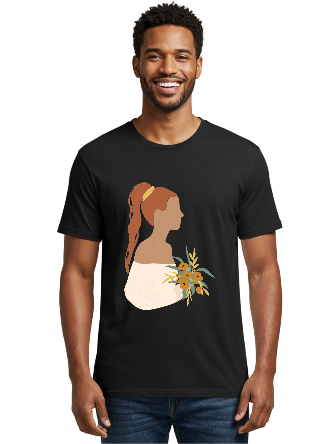 Woman-With-Bouquet Men'S Graphic Tee, 100% Cotton, Comfortable Casual Summer Wear, Machine Washable, Woman In White Dress, Bouquet Of Flowers, Brown Hair, Off-The-Shoulder Neckline, Elegant Hairstyle, Golden Hairband, Yellow Flowers, Aae070 28