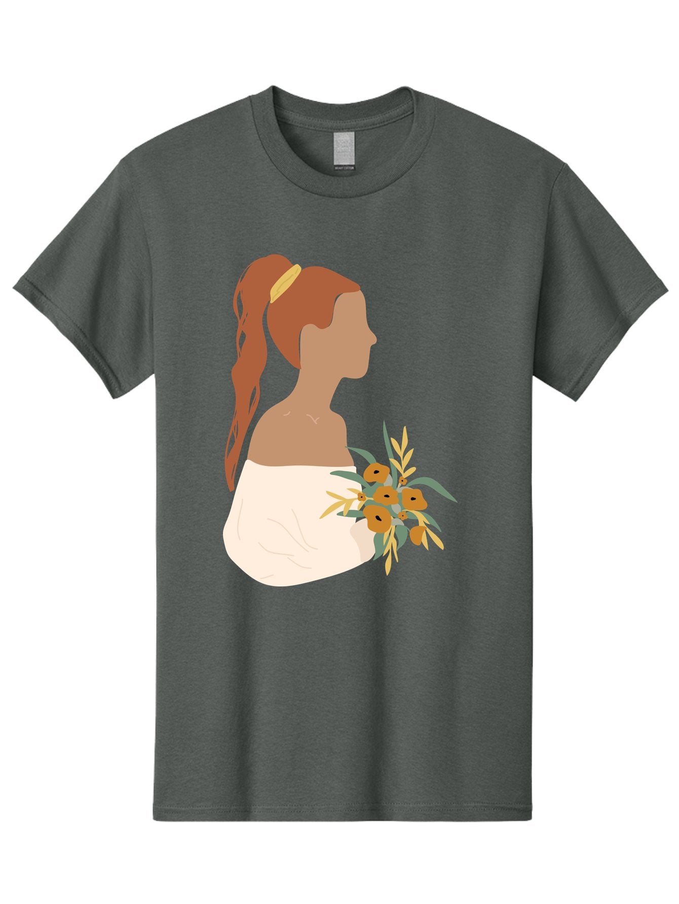 Woman-With-Bouquet Men'S Graphic Tee, 100% Cotton, Comfortable Casual Summer Wear, Machine Washable, Woman In White Dress, Bouquet Of Flowers, Brown Hair, Off-The-Shoulder Neckline, Elegant Hairstyle, Golden Hairband, Yellow Flowers, Aae070 6