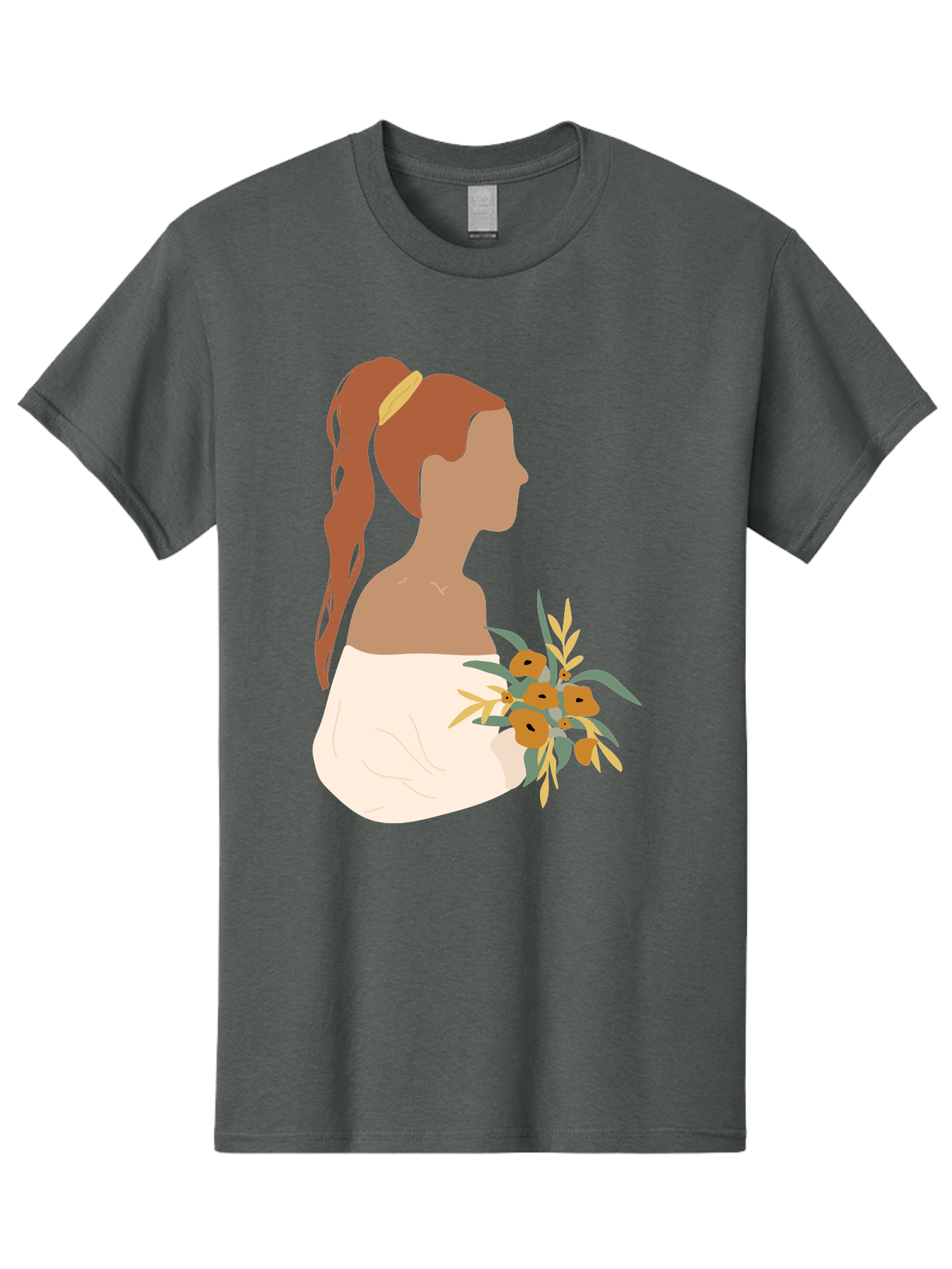 Woman-With-Bouquet Men'S Graphic Tee, 100% Cotton, Comfortable Casual Summer Wear, Machine Washable, Woman In White Dress, Bouquet Of Flowers, Brown Hair, Off-The-Shoulder Neckline, Elegant Hairstyle, Golden Hairband, Yellow Flowers, Aae070 13