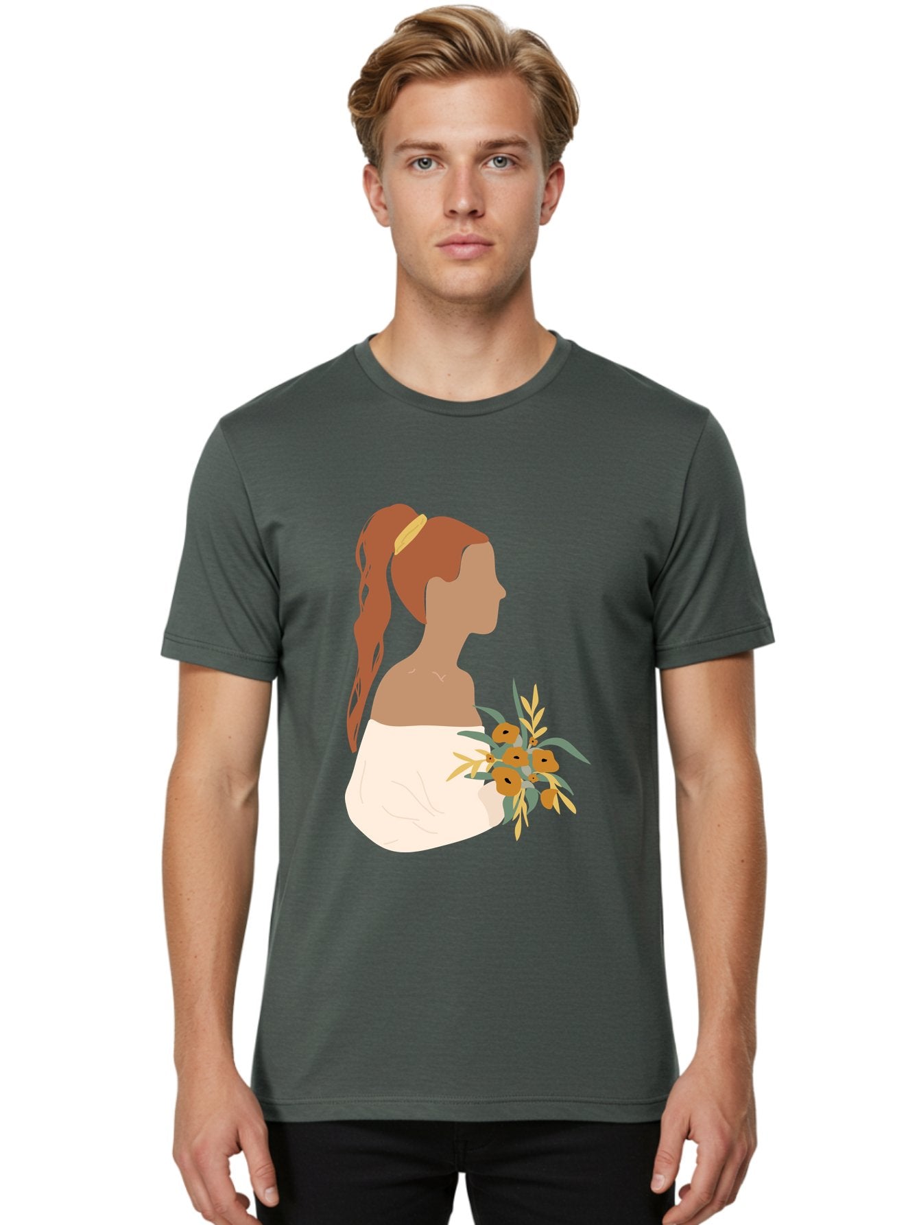 Woman-With-Bouquet Men'S Graphic Tee, 100% Cotton, Comfortable Casual Summer Wear, Machine Washable, Woman In White Dress, Bouquet Of Flowers, Brown Hair, Off-The-Shoulder Neckline, Elegant Hairstyle, Golden Hairband, Yellow Flowers, Aae070 24
