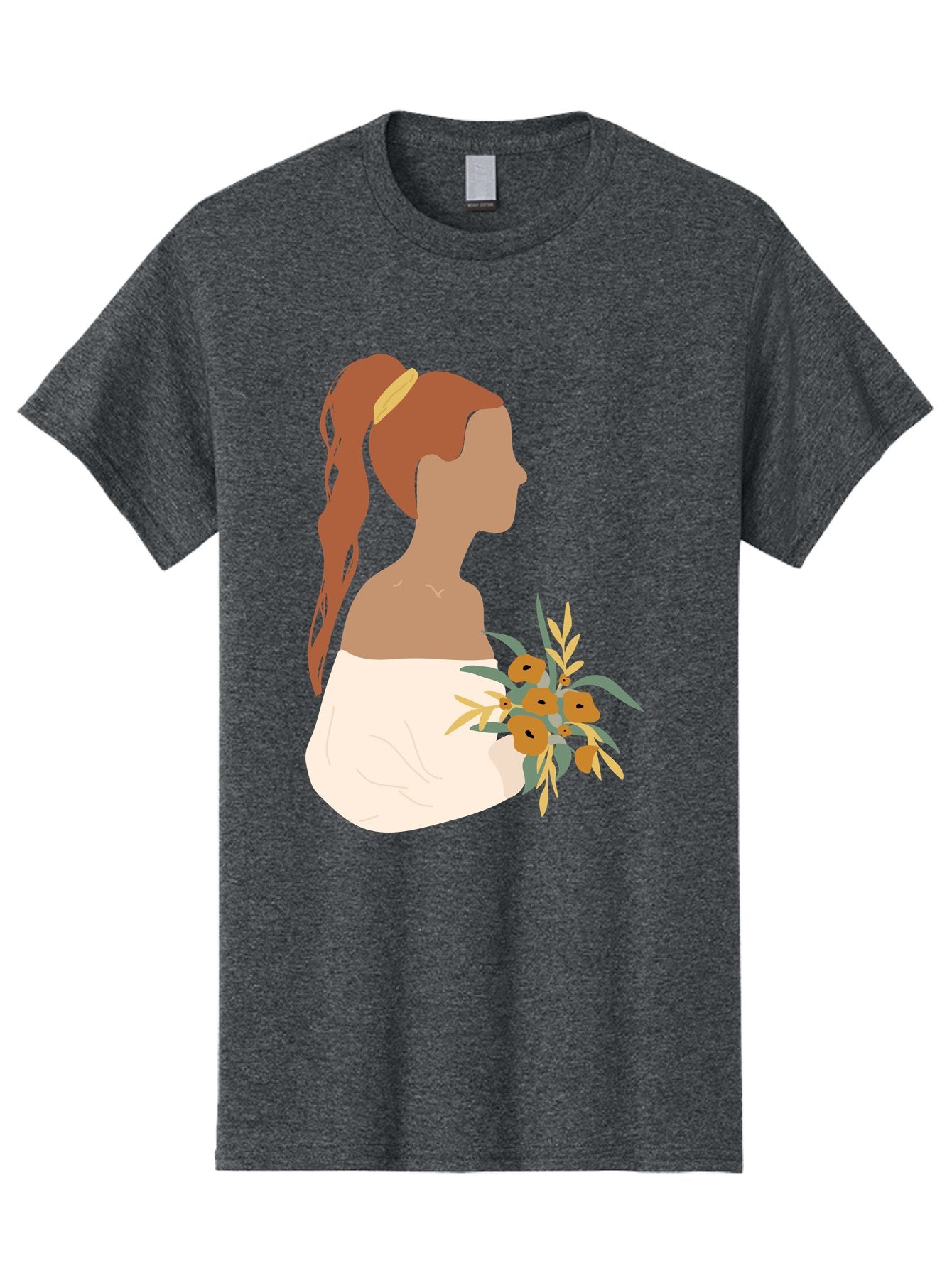 Woman-With-Bouquet Men'S Graphic Tee, 100% Cotton, Comfortable Casual Summer Wear, Machine Washable, Woman In White Dress, Bouquet Of Flowers, Brown Hair, Off-The-Shoulder Neckline, Elegant Hairstyle, Golden Hairband, Yellow Flowers, Aae070 3