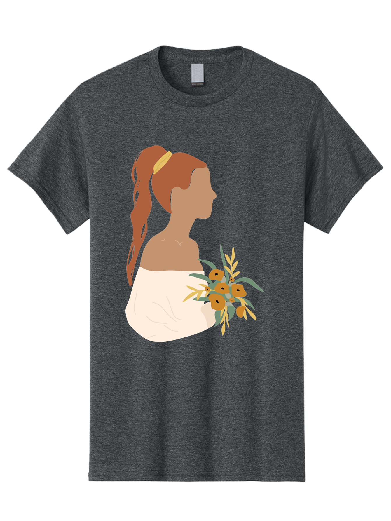 Woman-With-Bouquet Men'S Graphic Tee, 100% Cotton, Comfortable Casual Summer Wear, Machine Washable, Woman In White Dress, Bouquet Of Flowers, Brown Hair, Off-The-Shoulder Neckline, Elegant Hairstyle, Golden Hairband, Yellow Flowers, Aae070 17