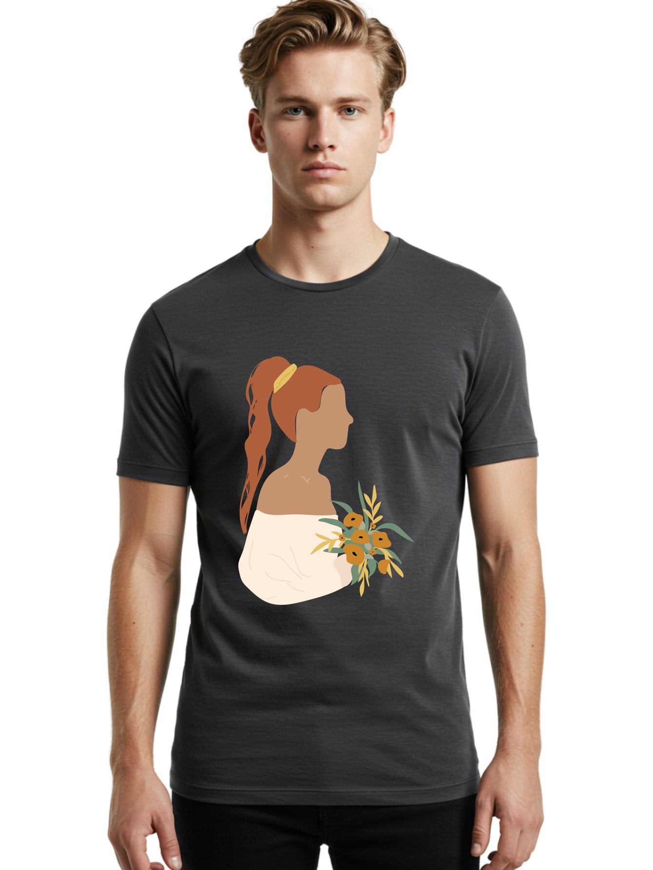 Woman-With-Bouquet Men'S Graphic Tee, 100% Cotton, Comfortable Casual Summer Wear, Machine Washable, Woman In White Dress, Bouquet Of Flowers, Brown Hair, Off-The-Shoulder Neckline, Elegant Hairstyle, Golden Hairband, Yellow Flowers, Aae070 22