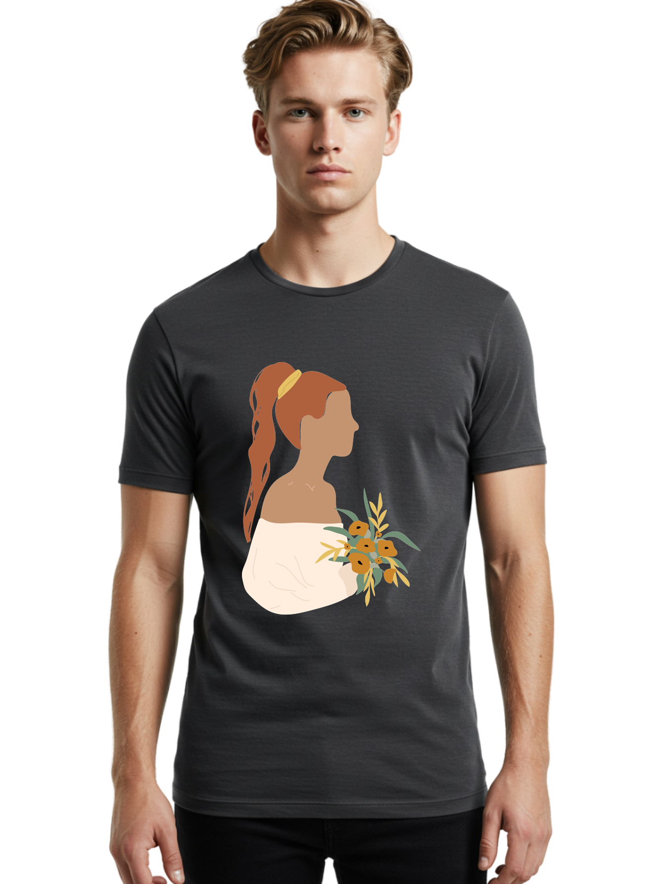 Woman-With-Bouquet Men'S Graphic Tee, 100% Cotton, Comfortable Casual Summer Wear, Machine Washable, Woman In White Dress, Bouquet Of Flowers, Brown Hair, Off-The-Shoulder Neckline, Elegant Hairstyle, Golden Hairband, Yellow Flowers, Aae070 18