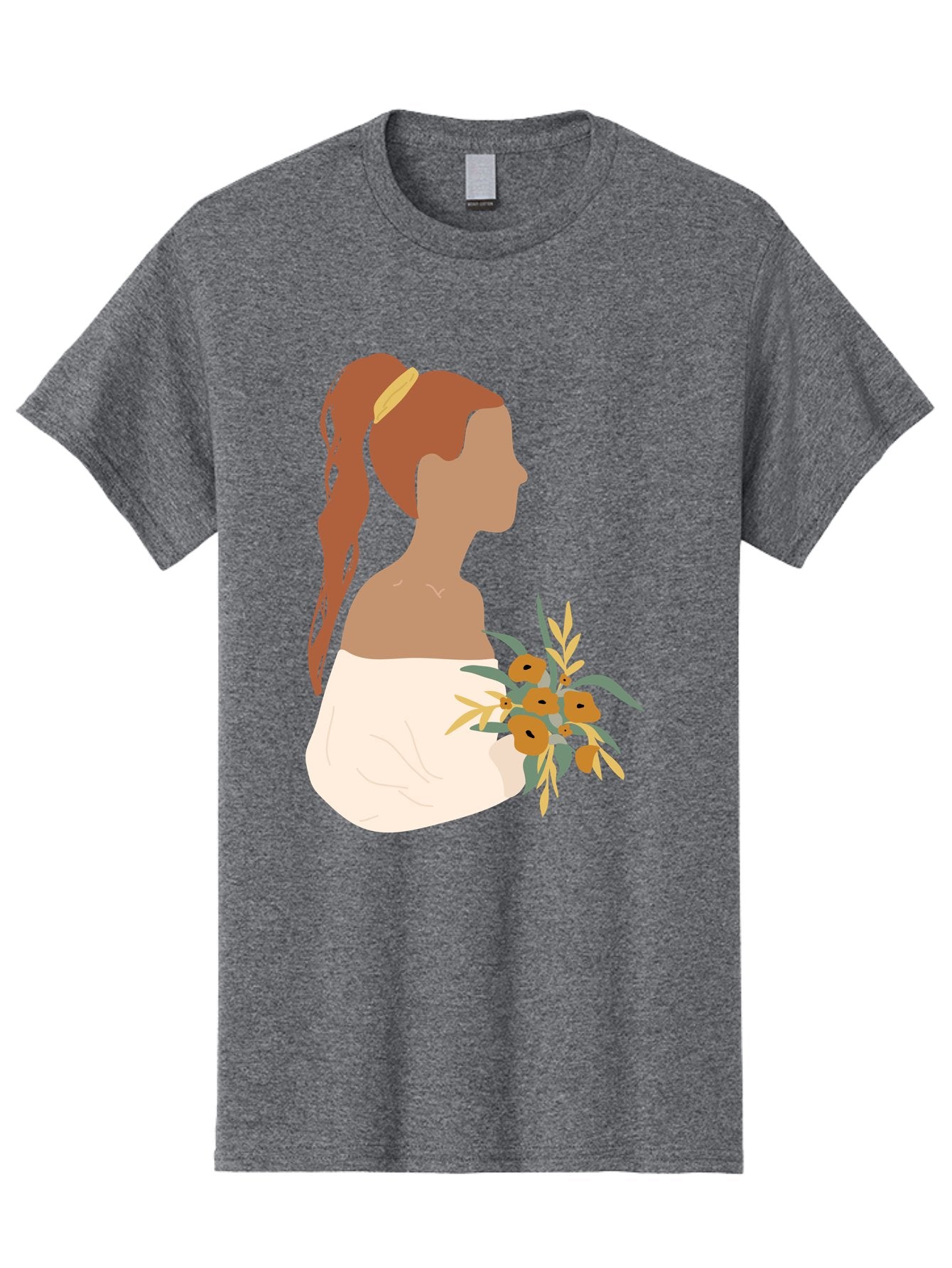 Woman-With-Bouquet Men'S Graphic Tee, 100% Cotton, Comfortable Casual Summer Wear, Machine Washable, Woman In White Dress, Bouquet Of Flowers, Brown Hair, Off-The-Shoulder Neckline, Elegant Hairstyle, Golden Hairband, Yellow Flowers, Aae070 4
