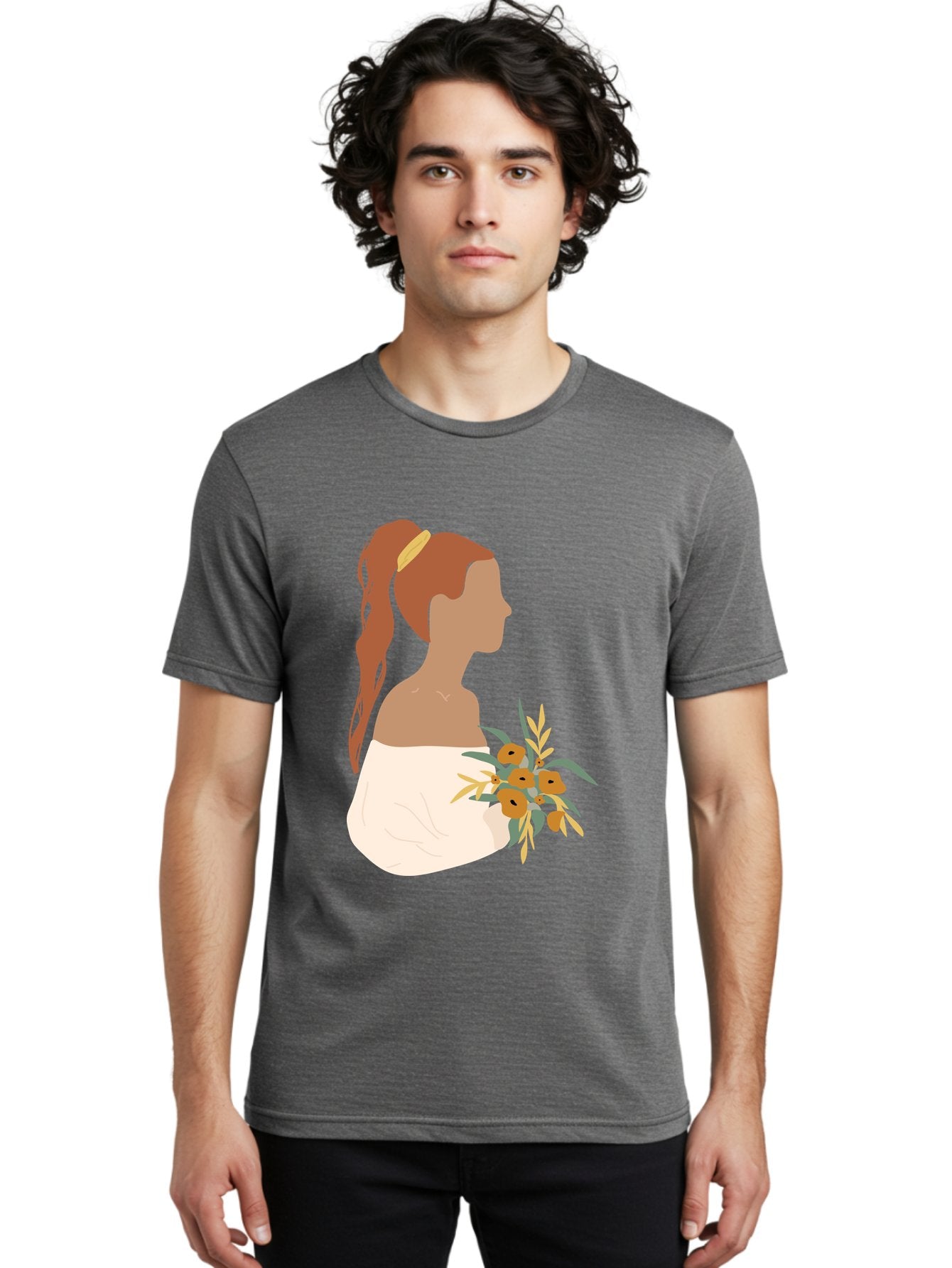 Woman-With-Bouquet Men'S Graphic Tee, 100% Cotton, Comfortable Casual Summer Wear, Machine Washable, Woman In White Dress, Bouquet Of Flowers, Brown Hair, Off-The-Shoulder Neckline, Elegant Hairstyle, Golden Hairband, Yellow Flowers, Aae070 18