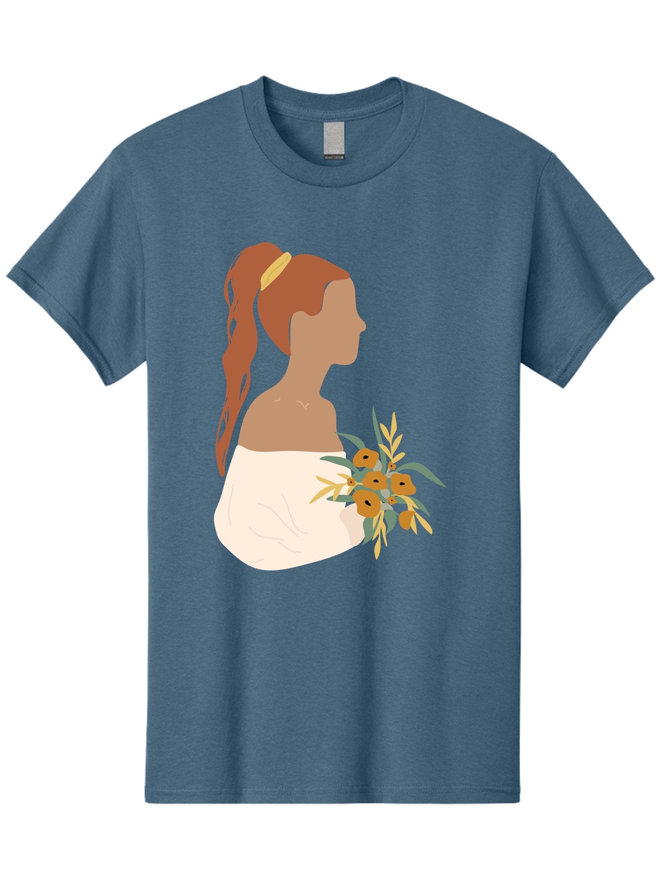 Woman-With-Bouquet Men'S Graphic Tee, 100% Cotton, Comfortable Casual Summer Wear, Machine Washable, Woman In White Dress, Bouquet Of Flowers, Brown Hair, Off-The-Shoulder Neckline, Elegant Hairstyle, Golden Hairband, Yellow Flowers, Aae070 8
