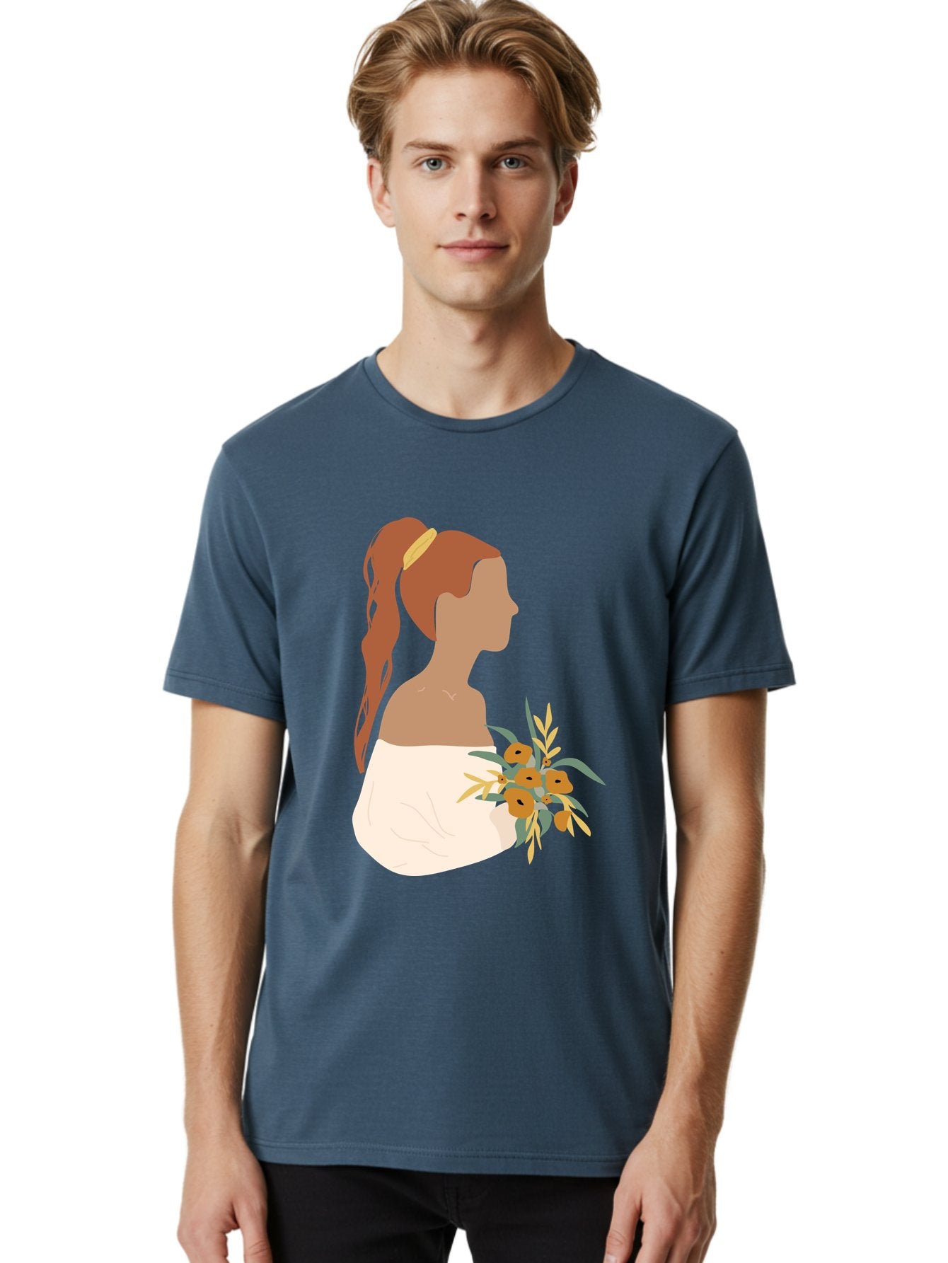 Woman-With-Bouquet Men'S Graphic Tee, 100% Cotton, Comfortable Casual Summer Wear, Machine Washable, Woman In White Dress, Bouquet Of Flowers, Brown Hair, Off-The-Shoulder Neckline, Elegant Hairstyle, Golden Hairband, Yellow Flowers, Aae070 25