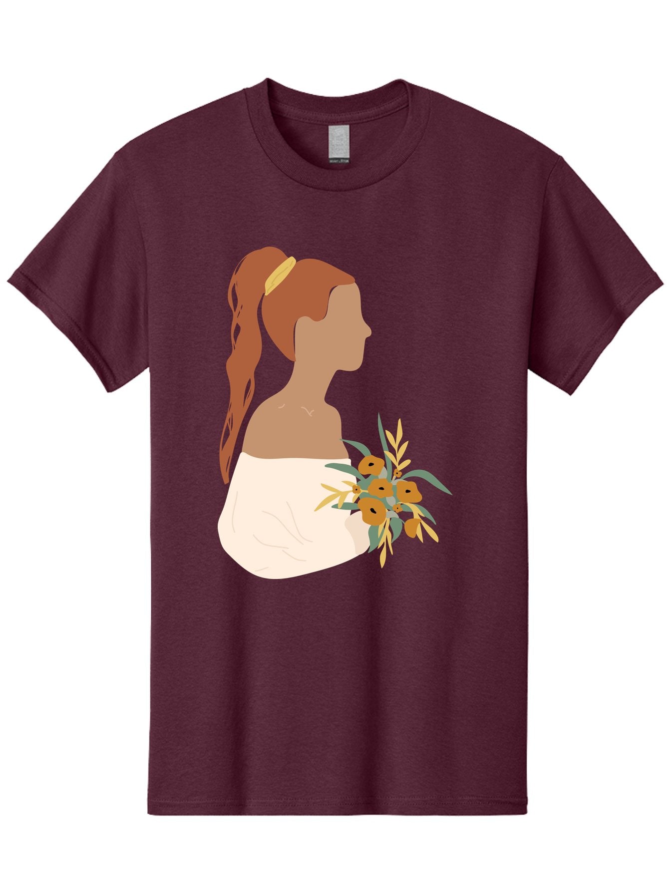 Woman-With-Bouquet Men'S Graphic Tee, 100% Cotton, Comfortable Casual Summer Wear, Machine Washable, Woman In White Dress, Bouquet Of Flowers, Brown Hair, Off-The-Shoulder Neckline, Elegant Hairstyle, Golden Hairband, Yellow Flowers, Aae070 9