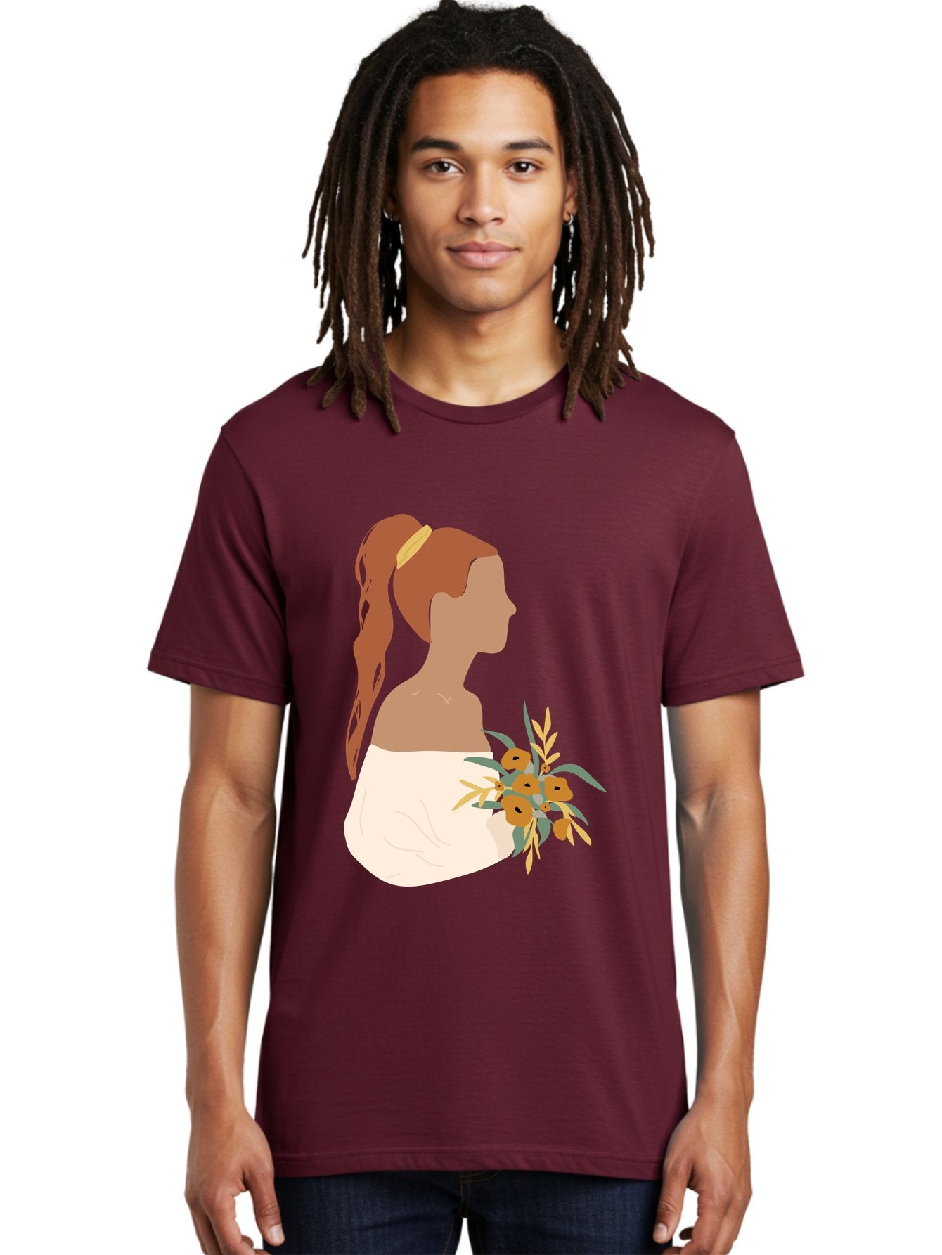 Woman-With-Bouquet Men'S Graphic Tee, 100% Cotton, Comfortable Casual Summer Wear, Machine Washable, Woman In White Dress, Bouquet Of Flowers, Brown Hair, Off-The-Shoulder Neckline, Elegant Hairstyle, Golden Hairband, Yellow Flowers, Aae070 26