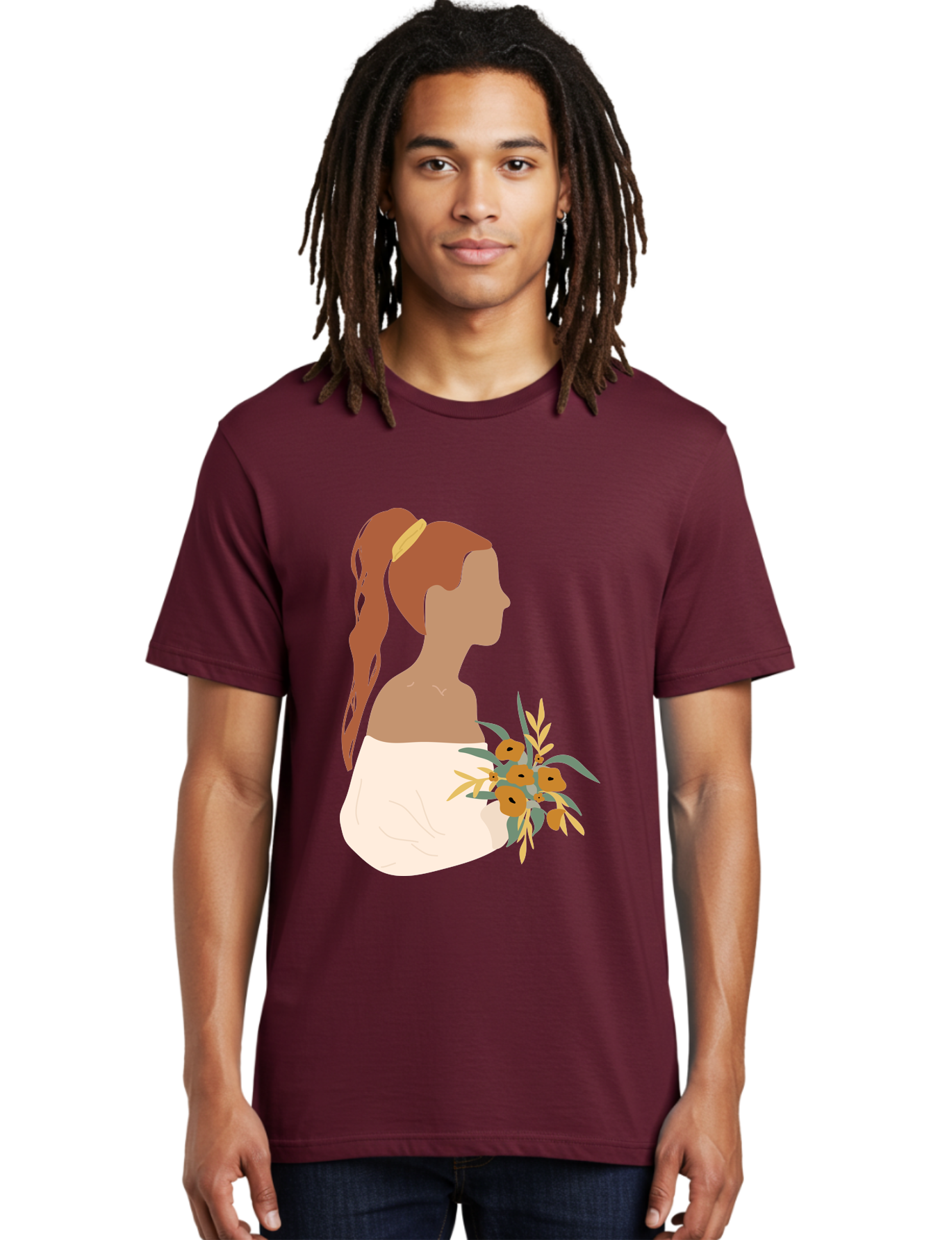 Woman-With-Bouquet Men'S Graphic Tee, 100% Cotton, Comfortable Casual Summer Wear, Machine Washable, Woman In White Dress, Bouquet Of Flowers, Brown Hair, Off-The-Shoulder Neckline, Elegant Hairstyle, Golden Hairband, Yellow Flowers, Aae070 10