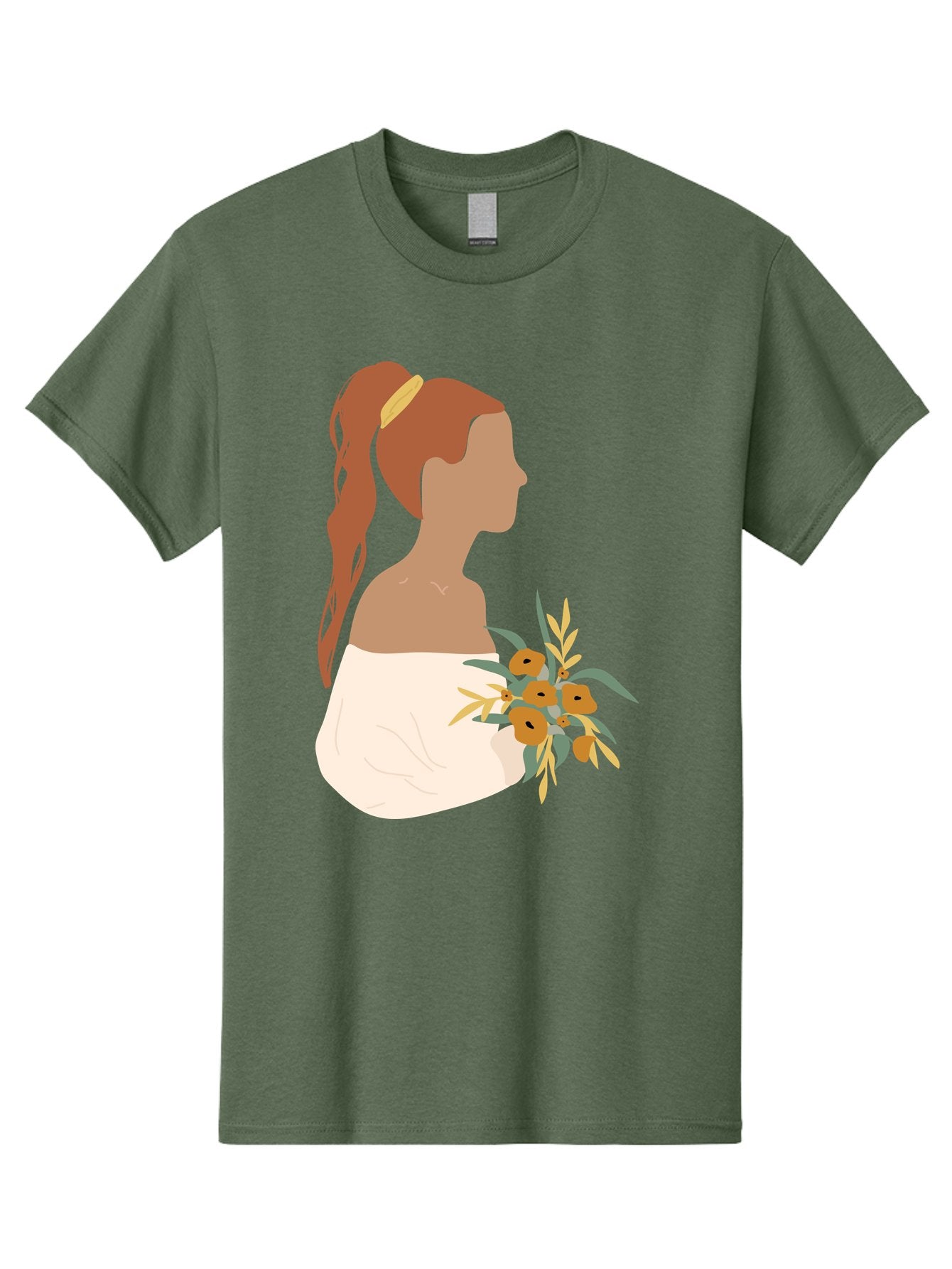 Woman-With-Bouquet Men'S Graphic Tee, 100% Cotton, Comfortable Casual Summer Wear, Machine Washable, Woman In White Dress, Bouquet Of Flowers, Brown Hair, Off-The-Shoulder Neckline, Elegant Hairstyle, Golden Hairband, Yellow Flowers, Aae070 13