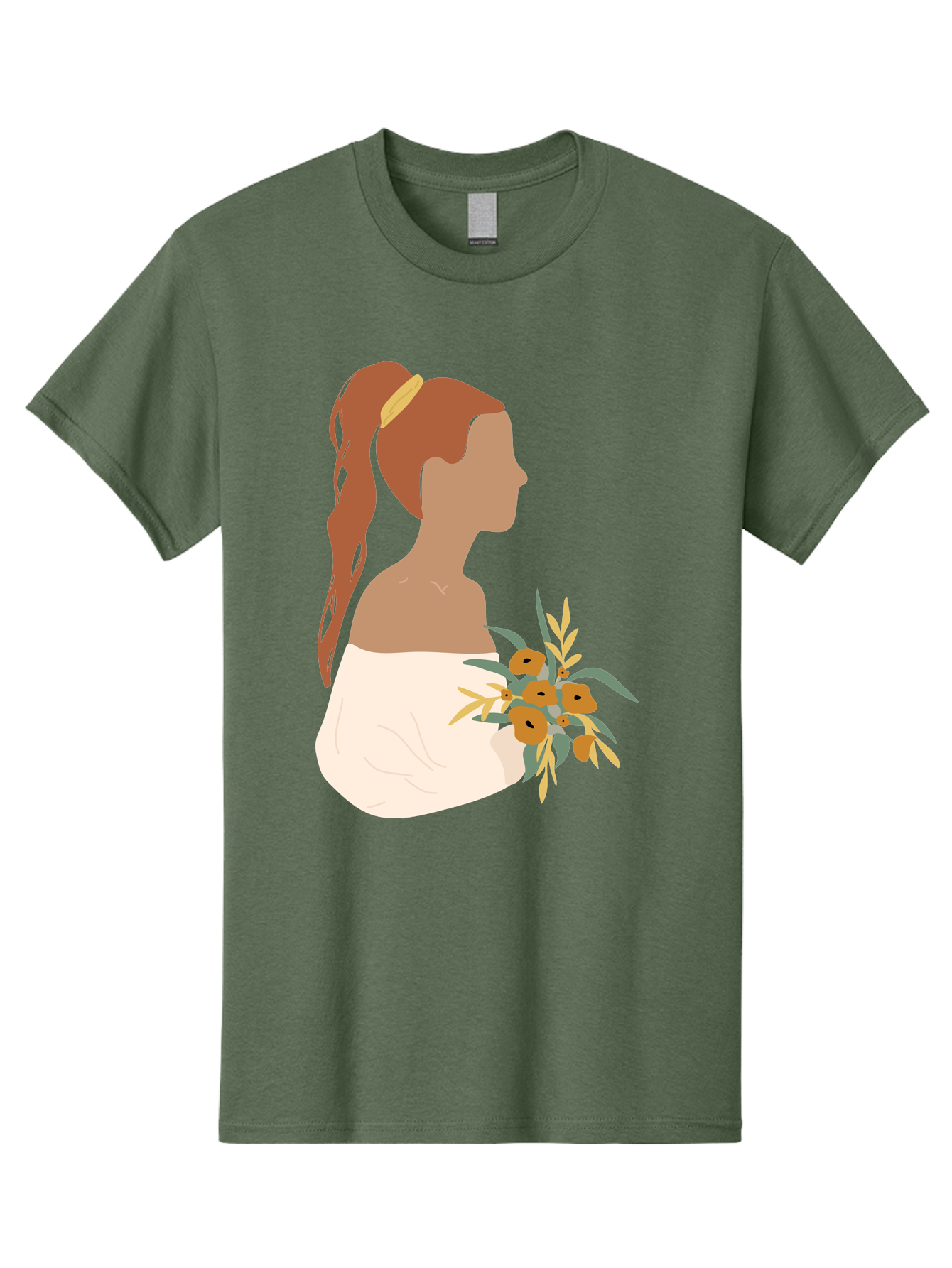 Woman-With-Bouquet Men'S Graphic Tee, 100% Cotton, Comfortable Casual Summer Wear, Machine Washable, Woman In White Dress, Bouquet Of Flowers, Brown Hair, Off-The-Shoulder Neckline, Elegant Hairstyle, Golden Hairband, Yellow Flowers, Aae070 29