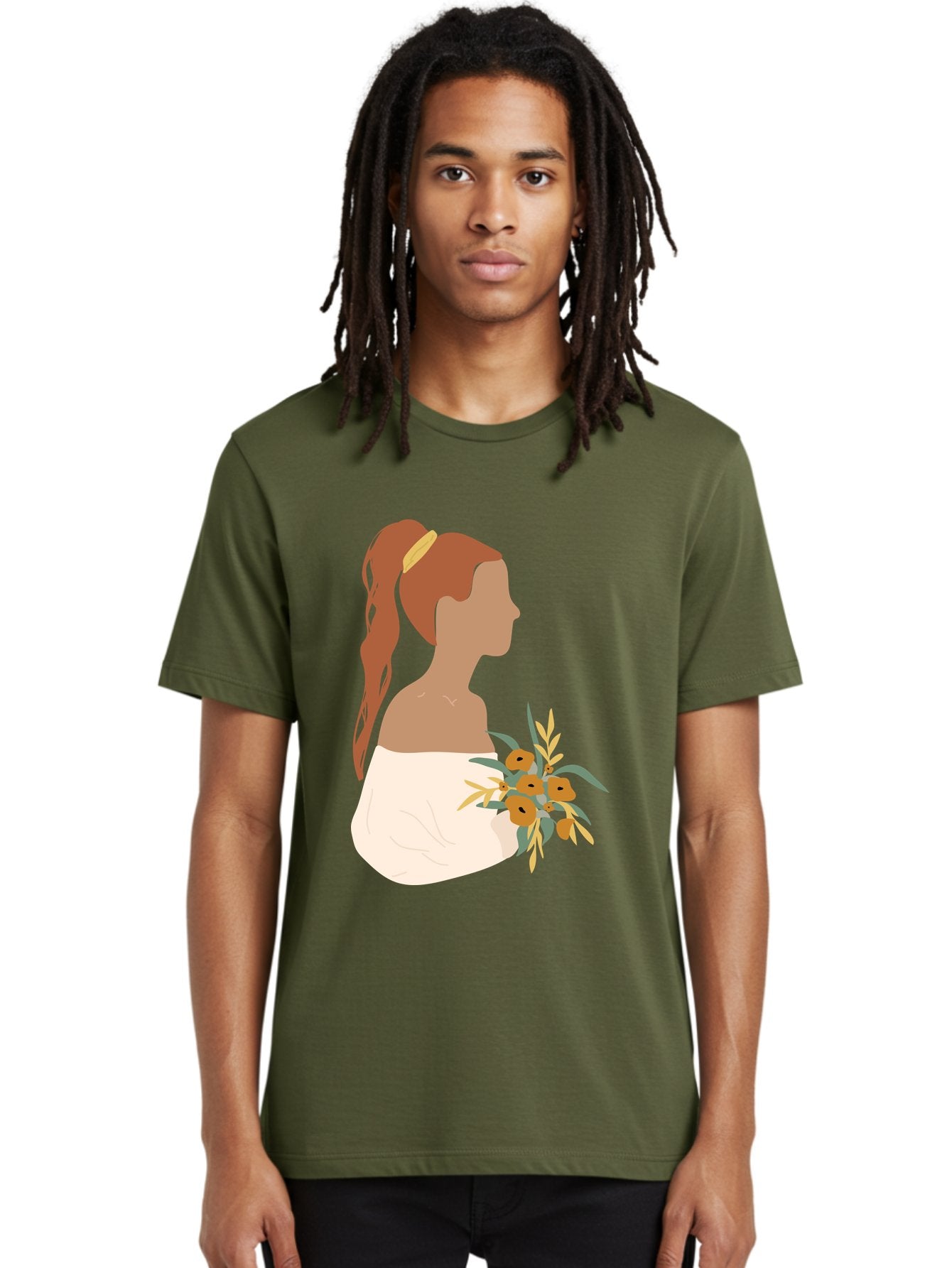 Woman-With-Bouquet Men'S Graphic Tee, 100% Cotton, Comfortable Casual Summer Wear, Machine Washable, Woman In White Dress, Bouquet Of Flowers, Brown Hair, Off-The-Shoulder Neckline, Elegant Hairstyle, Golden Hairband, Yellow Flowers, Aae070 20