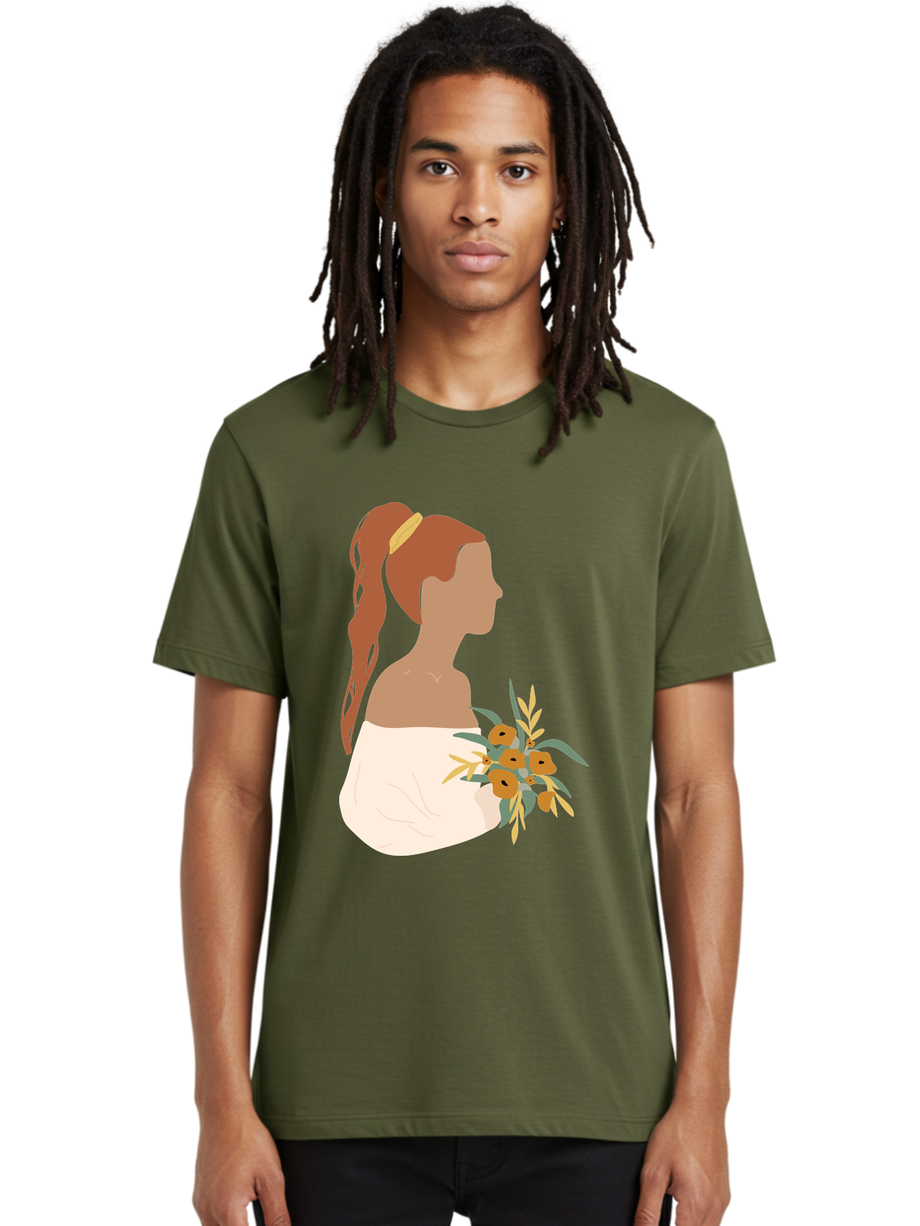 Woman-With-Bouquet Men'S Graphic Tee, 100% Cotton, Comfortable Casual Summer Wear, Machine Washable, Woman In White Dress, Bouquet Of Flowers, Brown Hair, Off-The-Shoulder Neckline, Elegant Hairstyle, Golden Hairband, Yellow Flowers, Aae070 30