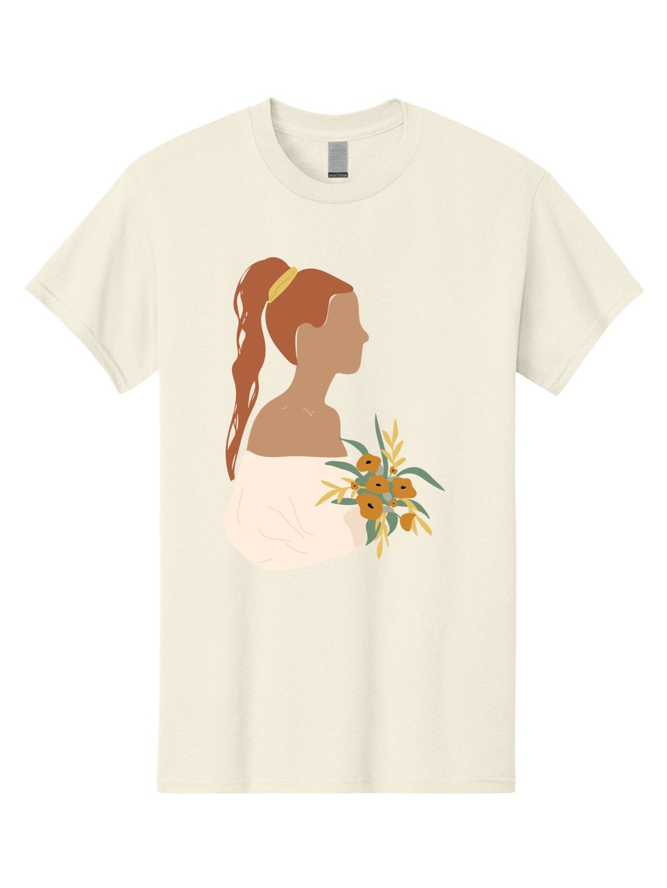 Woman-With-Bouquet Men'S Graphic Tee, 100% Cotton, Comfortable Casual Summer Wear, Machine Washable, Woman In White Dress, Bouquet Of Flowers, Brown Hair, Off-The-Shoulder Neckline, Elegant Hairstyle, Golden Hairband, Yellow Flowers, Aae070 14