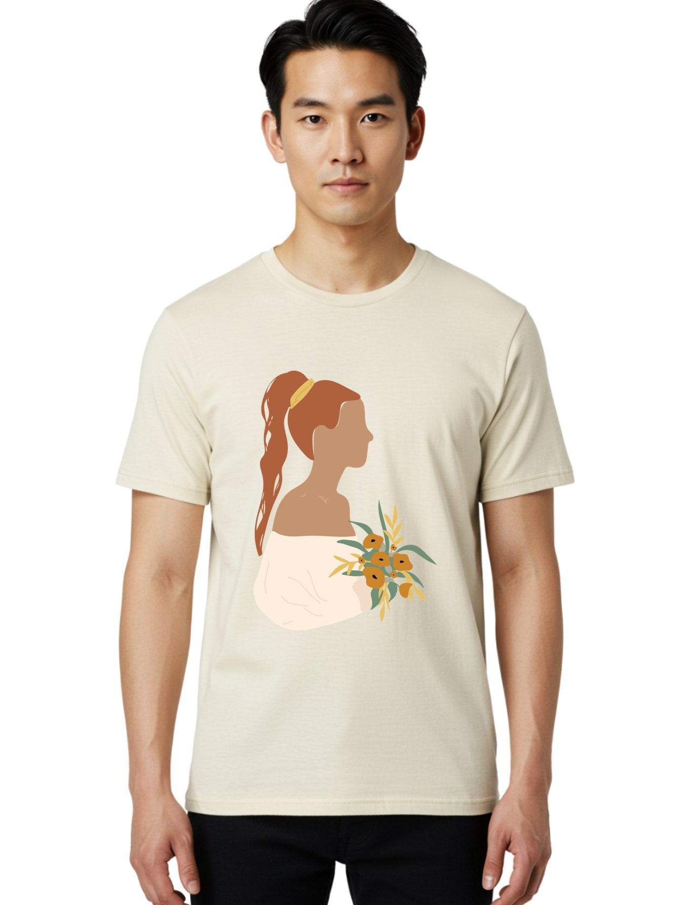 Woman-With-Bouquet Men'S Graphic Tee, 100% Cotton, Comfortable Casual Summer Wear, Machine Washable, Woman In White Dress, Bouquet Of Flowers, Brown Hair, Off-The-Shoulder Neckline, Elegant Hairstyle, Golden Hairband, Yellow Flowers, Aae070 29