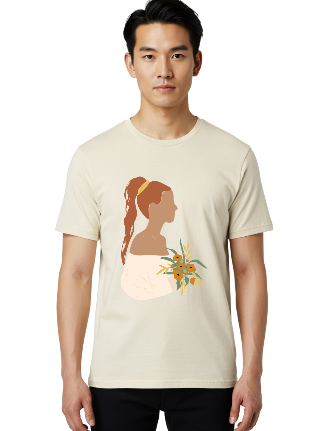 Woman-With-Bouquet Men'S Graphic Tee, 100% Cotton, Comfortable Casual Summer Wear, Machine Washable, Woman In White Dress, Bouquet Of Flowers, Brown Hair, Off-The-Shoulder Neckline, Elegant Hairstyle, Golden Hairband, Yellow Flowers, Aae070 4