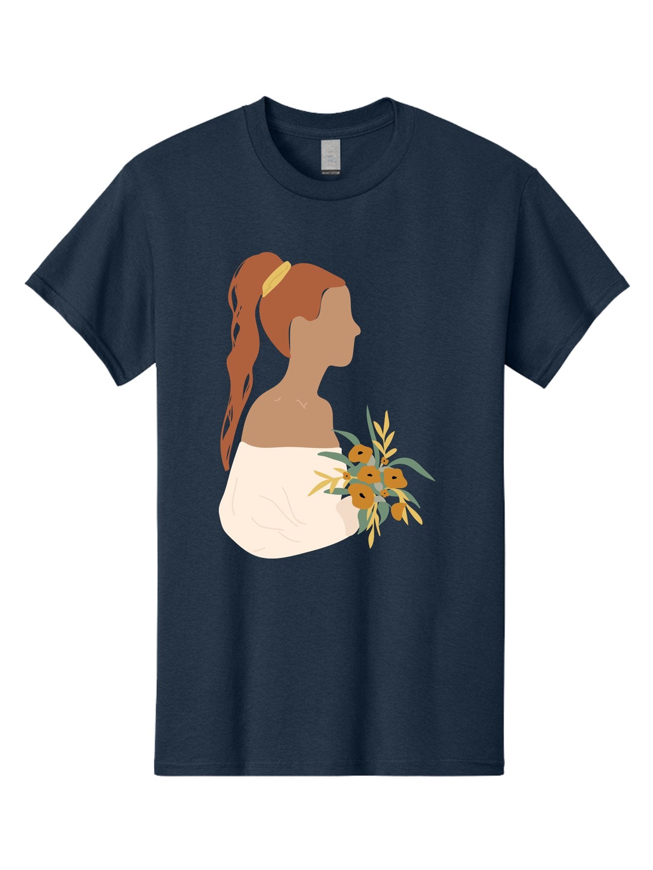 Woman-With-Bouquet Men'S Graphic Tee, 100% Cotton, Comfortable Casual Summer Wear, Machine Washable, Woman In White Dress, Bouquet Of Flowers, Brown Hair, Off-The-Shoulder Neckline, Elegant Hairstyle, Golden Hairband, Yellow Flowers, Aae070 7