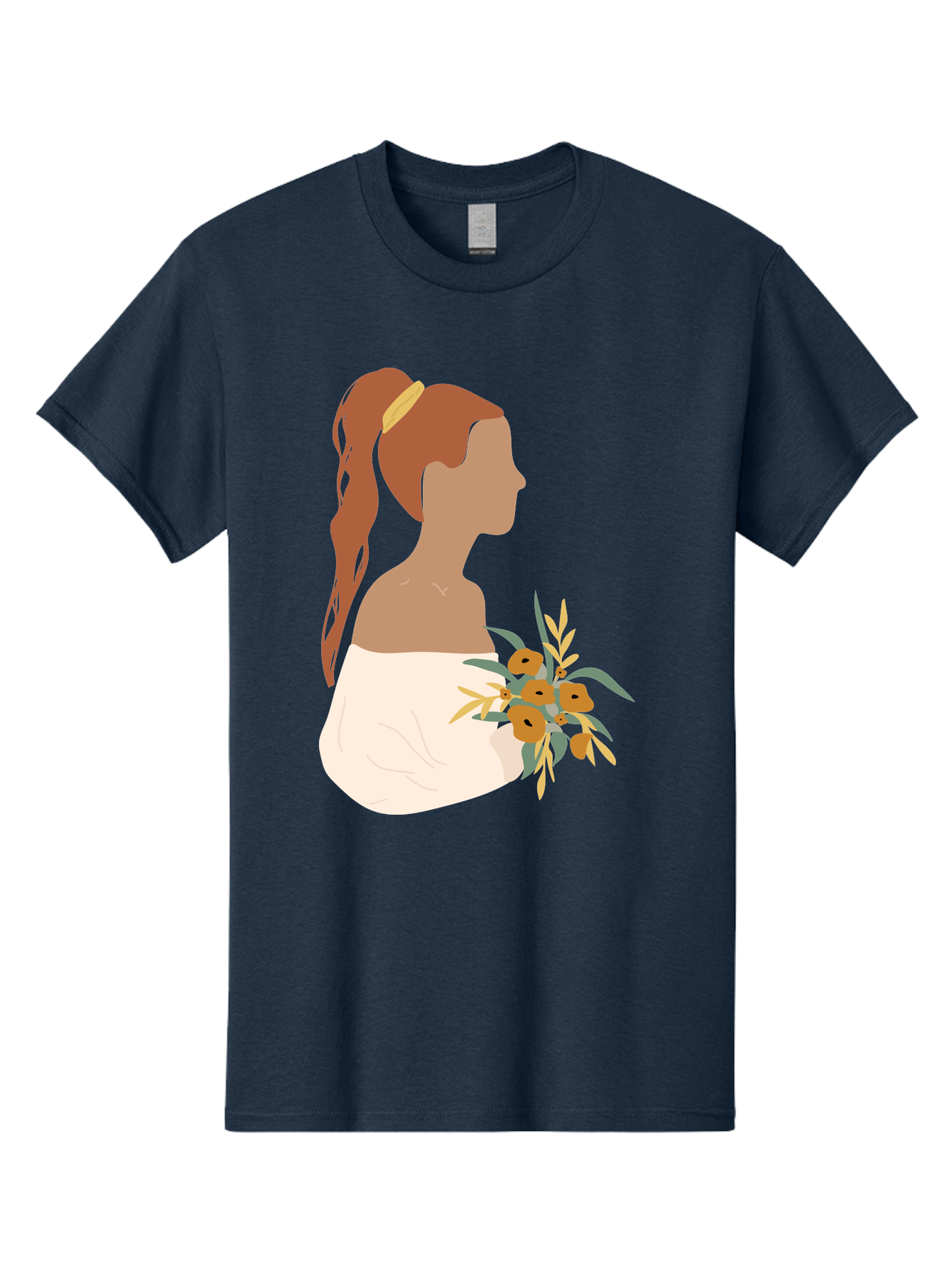 Woman-With-Bouquet Men'S Graphic Tee, 100% Cotton, Comfortable Casual Summer Wear, Machine Washable, Woman In White Dress, Bouquet Of Flowers, Brown Hair, Off-The-Shoulder Neckline, Elegant Hairstyle, Golden Hairband, Yellow Flowers, Aae070 25