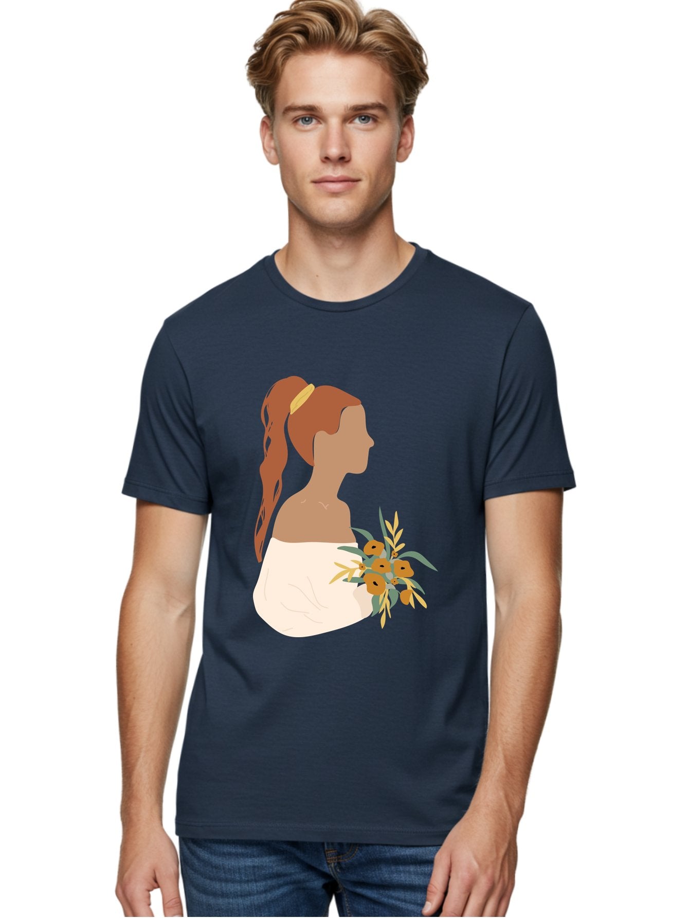 Woman-With-Bouquet Men'S Graphic Tee, 100% Cotton, Comfortable Casual Summer Wear, Machine Washable, Woman In White Dress, Bouquet Of Flowers, Brown Hair, Off-The-Shoulder Neckline, Elegant Hairstyle, Golden Hairband, Yellow Flowers, Aae070 16