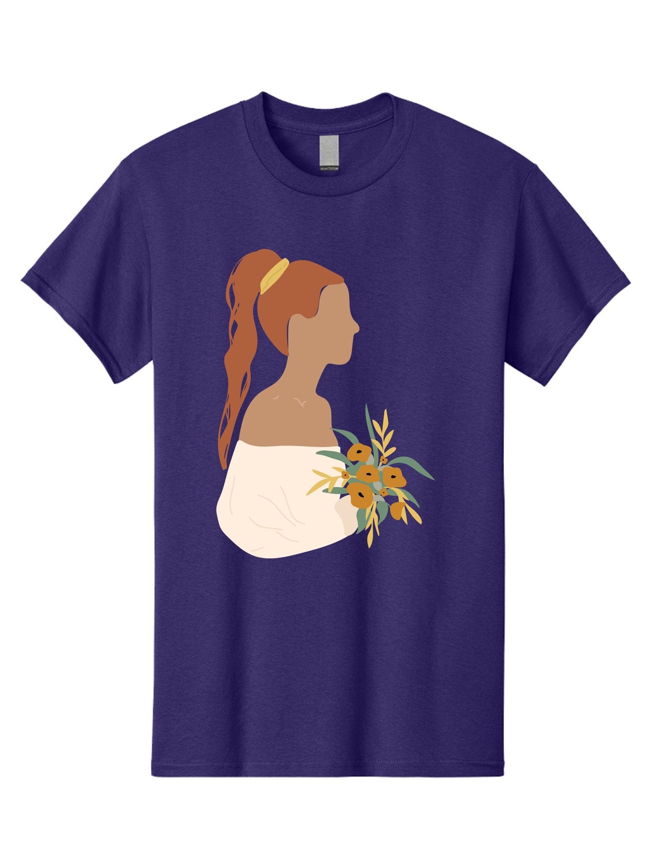 Woman-With-Bouquet Men'S Graphic Tee, 100% Cotton, Comfortable Casual Summer Wear, Machine Washable, Woman In White Dress, Bouquet Of Flowers, Brown Hair, Off-The-Shoulder Neckline, Elegant Hairstyle, Golden Hairband, Yellow Flowers, Aae070