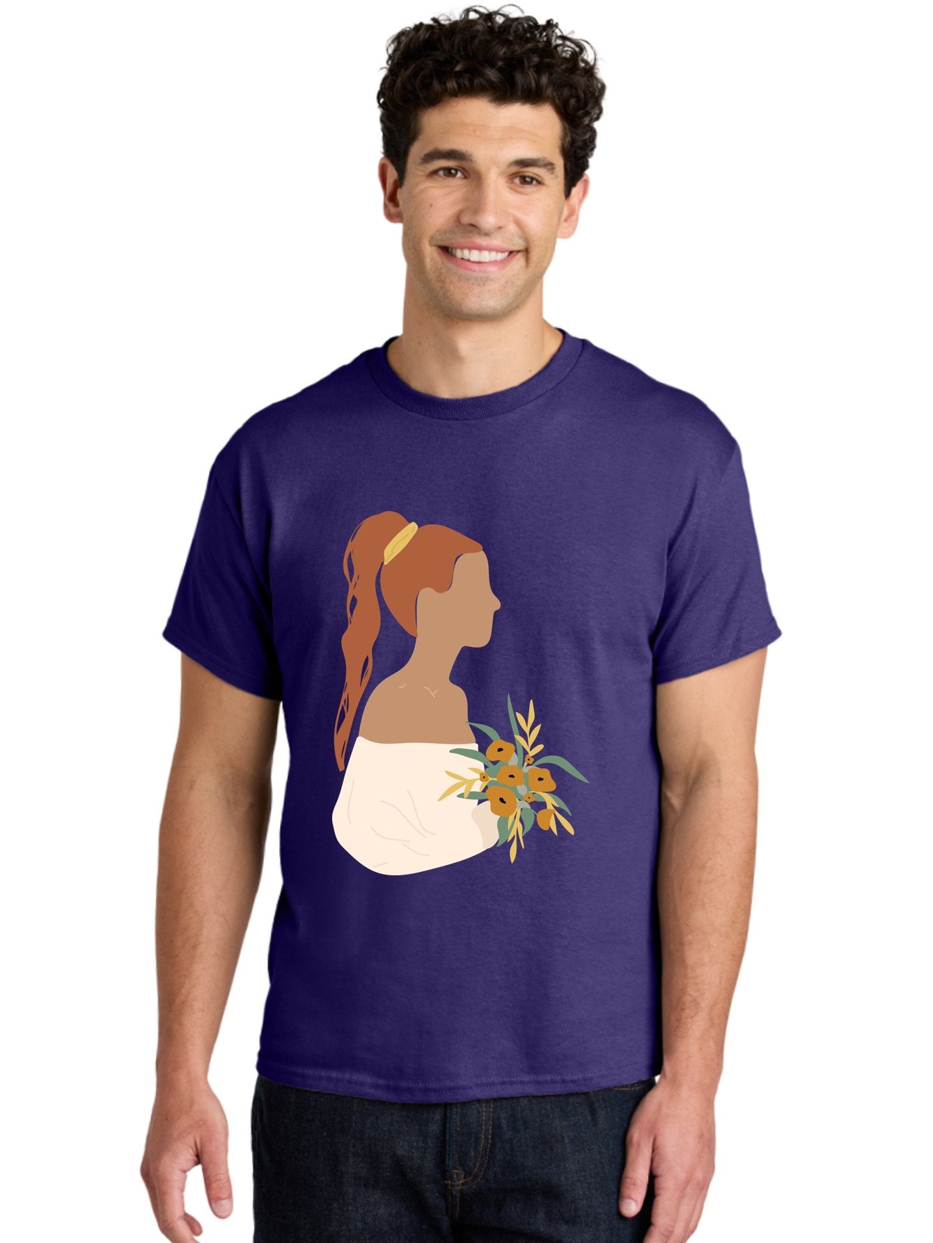 Woman-With-Bouquet Men'S Graphic Tee, 100% Cotton, Comfortable Casual Summer Wear, Machine Washable, Woman In White Dress, Bouquet Of Flowers, Brown Hair, Off-The-Shoulder Neckline, Elegant Hairstyle, Golden Hairband, Yellow Flowers, Aae070 21