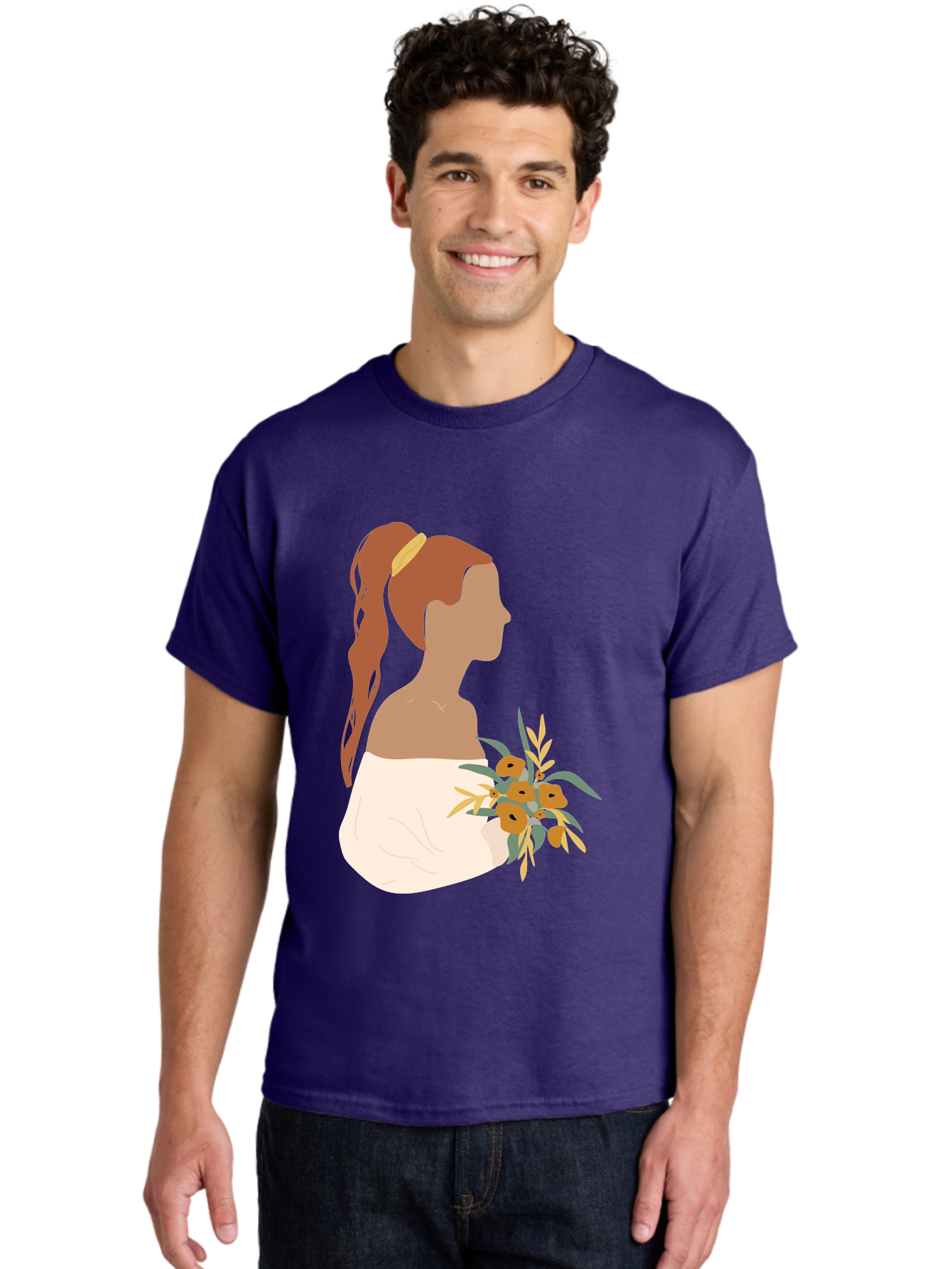 Woman-With-Bouquet Men'S Graphic Tee, 100% Cotton, Comfortable Casual Summer Wear, Machine Washable, Woman In White Dress, Bouquet Of Flowers, Brown Hair, Off-The-Shoulder Neckline, Elegant Hairstyle, Golden Hairband, Yellow Flowers, Aae070 20