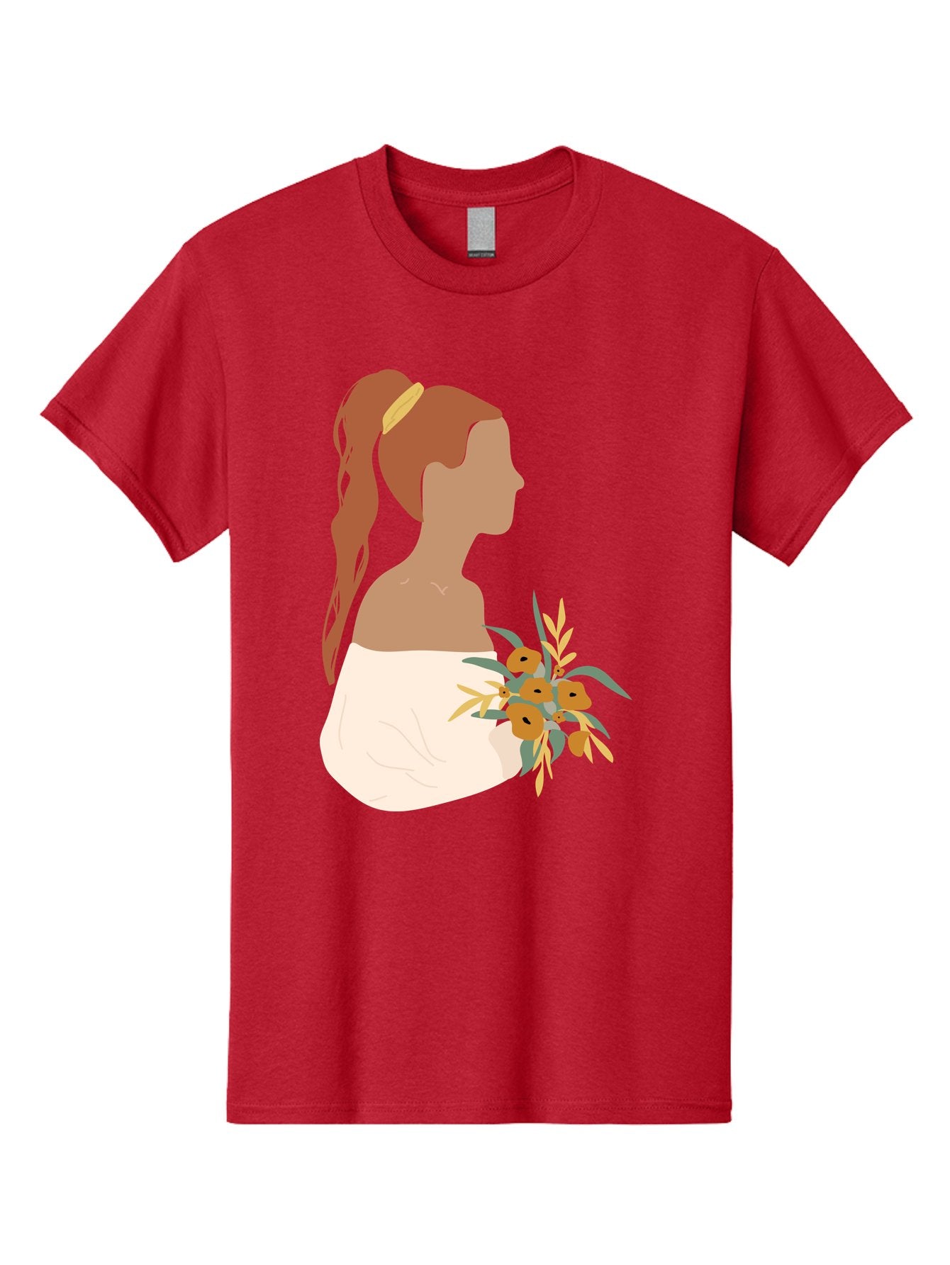 Woman-With-Bouquet Men'S Graphic Tee, 100% Cotton, Comfortable Casual Summer Wear, Machine Washable, Woman In White Dress, Bouquet Of Flowers, Brown Hair, Off-The-Shoulder Neckline, Elegant Hairstyle, Golden Hairband, Yellow Flowers, Aae070 5